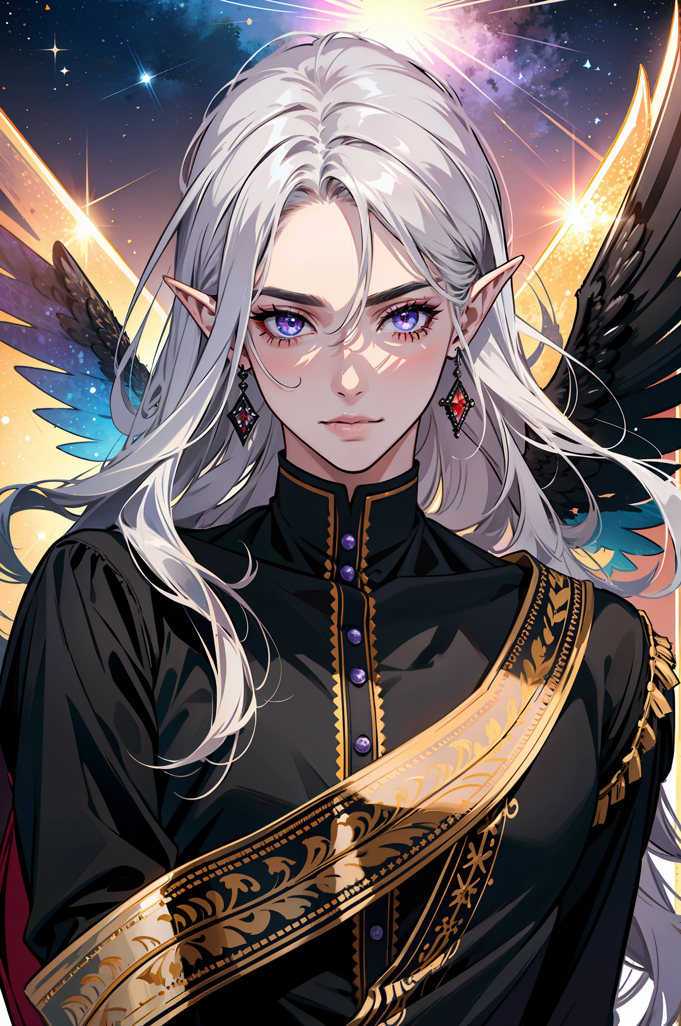 (absurdres, highres, ultra detailed), 1 male, adult, handsome, tall muscular guy, broad shoulders, finely detailed eyes and detailed face, red color long hair, fantasy, complex pattern, detailed face, black wings, lens flare, colorful, black clothes, silver bracelets and accessories, prism, glowing, glitter, particles, bloom, likes to celebrate and have fun, enjoys nature, bright and gothic outlook, creative and adventurous spirit, represents happiness and harmony, elf ears, violet eyes
