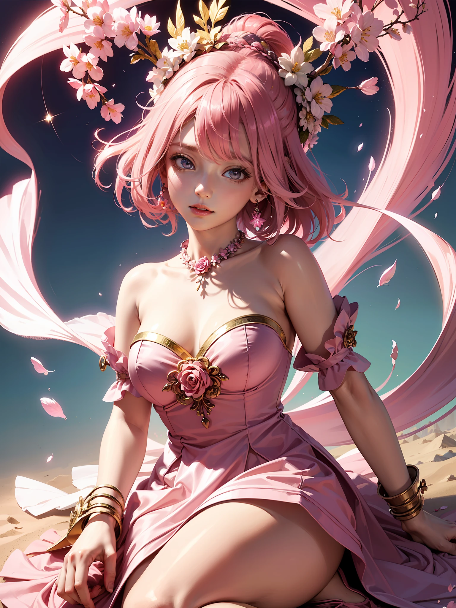 flower goddess, glowing pink flowy hair, casting a pink flowers spell, pink flowers on background, pink shiny halo, mage girl ((masterpiece, best quality, ultra-detailed, high-resolution)), solo, beautiful girl, gleaming eye, perfect eye, long embroidered dress with beads, sakura petals in the air