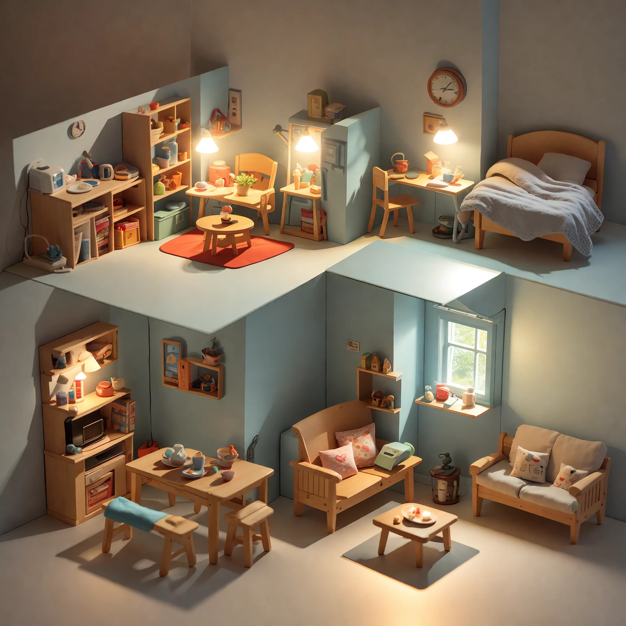 （Pixar style),A model of a cozy small room, miniature figure model, light source from right to left, Rumbrandt lighting, light source from right to left, (isometric view), (top-down), realistic scale, post-processing, ((orthogonal perspective)), super detail, realistic, super realistic, realistic render, pastel