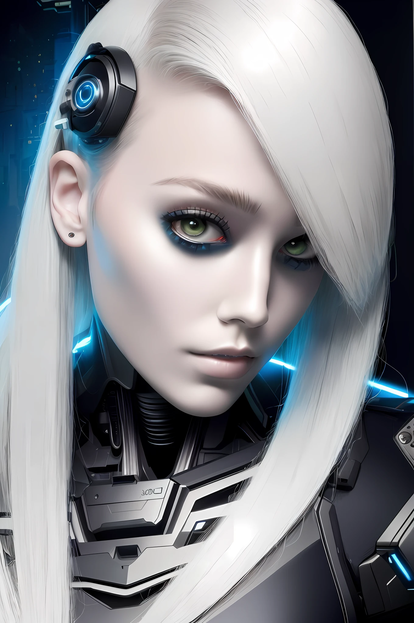 best quality, extremely detailed, (POV, 1girl, Robot Girl (solo), bionic armor, metal bones, steel and titanium leather, bionic face, mechanical joints, hard eye circle, extremely detailed full-body armor, jet engines, dark dynamic background, glowing eyes, cyberpunk style, glowing aura), dynamic pose, android girl, cyberpunk, computer glitch, holograms, hacking, absurdity, in a hyper-detailed room, full computers and computer screens, (best quality), digital illustration of the cyber dead,