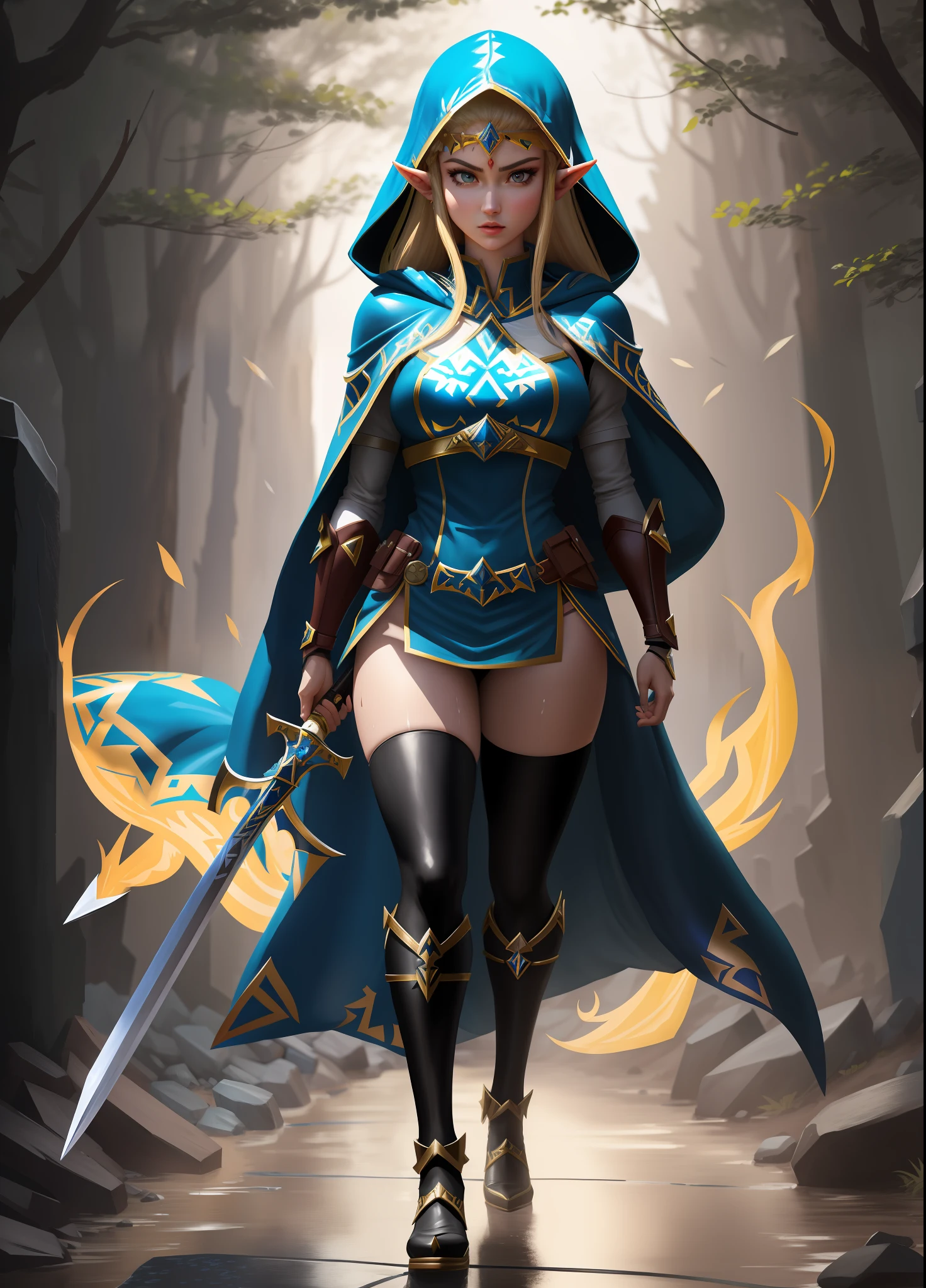 Full body image, ((Princess Zelda as Scorpion, keep Scorpion’s costume and its weapon and layout characteristics)), with a hood covering her head, standing on the ground, immensely large breasts, she has black hair and blue eyes, looking at the viewer with fury and anger, holding a fire Katana attached to a black chain, she is in a macabre cemetery raining, body and clothes all soaked with water. Realism, anime, Mortal Kombat, UHD, 16k, masterpiece, high detail, best quality, anatomically correct.