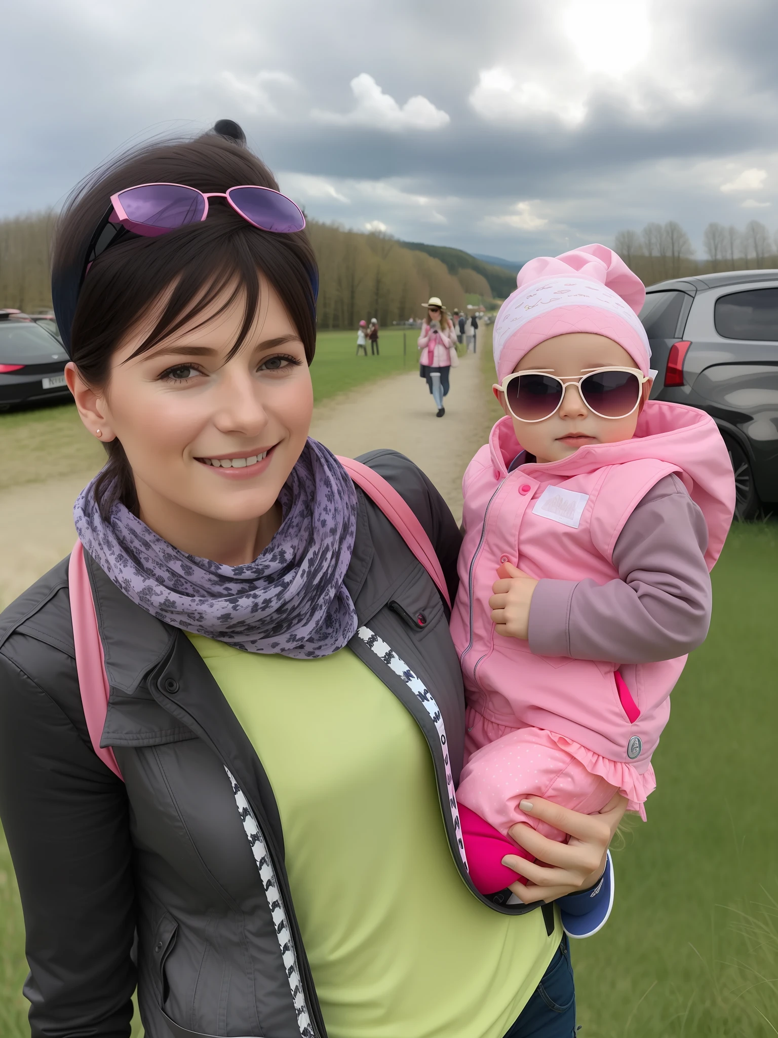 there is a woman holding a baby in a pink hat and sunglasses, by Robert Zünd, high quality upload, magdalena radziej, aleksandra waliszewska, by Jan Konůpek, by Andrzej Wróblewski, by Maksimilijan Vanka, by Károly Lotz, having a good time