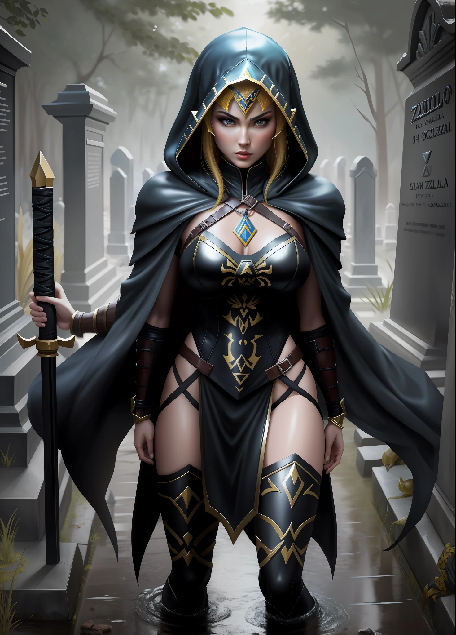 Mortal Kombat Scorpion, Full body image, ((Princess Zelda as Scorpion, keep Scorpion’s costume in its original colors along with its layout)), with a hood covering her head, standing on the ground, immensely large breasts, she has black hair and blue eyes, looking at the viewer with fury and anger, holding a fire Katana attached to a black chain, she is in a macabre cemetery raining, body and clothes all soaked with water. Realism, anime, Mortal Kombat, UHD, 16k, masterpiece, high detail, best quality, anatomically correct.