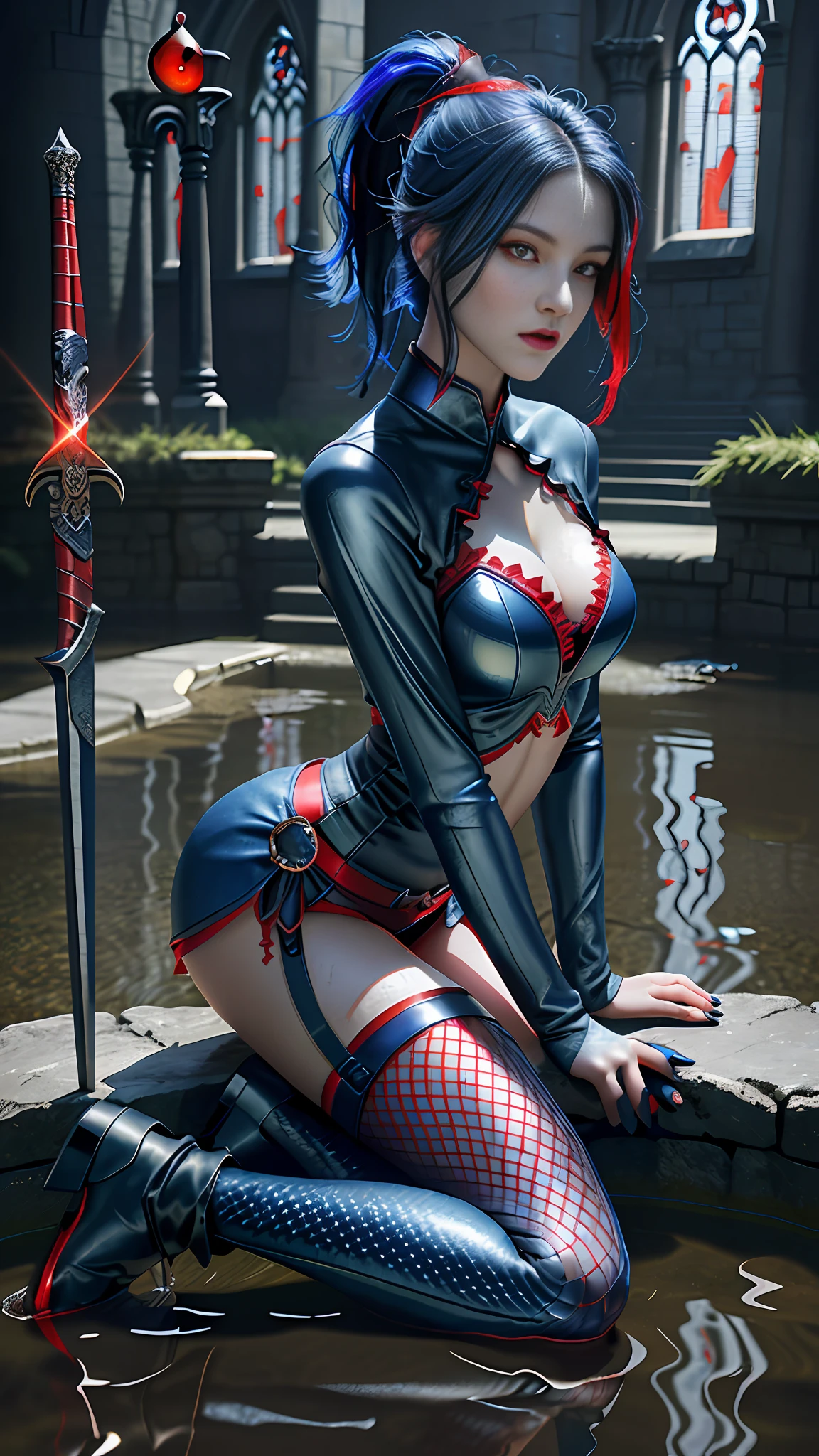 Perfect waist cut, Large breasts, Warrior girl with a small short sword on hand, Skimpy leather glossy clothes ,dark blue hair with red highlights, (perfect nose), Seductive gaze, dark blue boots on high heels with red highlights, (Best Illustration), 8k Resolution, Intricate Details, Best Quality, Realistic, Ultra Detailed, Best Lighting, Best Shadows, Ultra HD, A Necromancer style, Night, Magic, Dark Style, Vampire, (shining red eyes:1.6), masterpiece, high_res, Beautiful face, tyndall effect, photo realistic, (high detailed skin:1.2), 8k uhd, dslr, high quality, Photograph, high resolution, 4k, 8k, Bokeh, absurdres, ponytail contorted, best ratio four finger and one thumb, front view, dark blue hair gorgeous, perfect proportional skinny fitness body, full body view, wet skin, wet clothes, dark cathedral baground scenery, huge bobs, belly muscle, long fit perfect legs, fishnet dark red Stockings, realistic reflection in the water