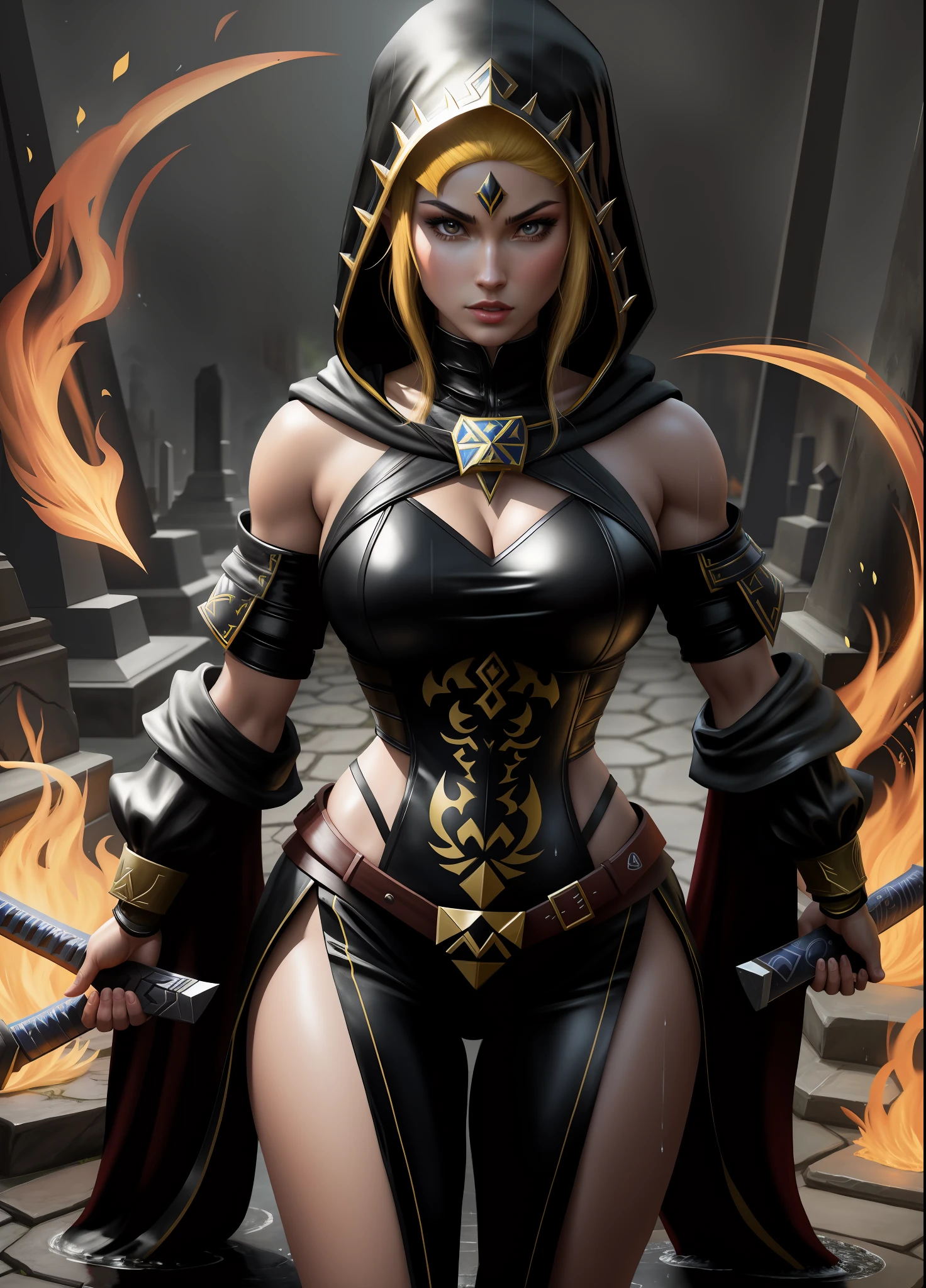 Mortal Kombat Scorpion, Full body image, ((Princess Zelda as Scorpion, keep Scorpion’s costume in its original colors along with its layout)), with a hood covering her head, standing on the ground, immensely large breasts, she has black hair and blue eyes, looking at the viewer with fury and anger, holding a fire Katana attached to a black chain, she is in a macabre cemetery raining, body and clothes all soaked with water. Realism, anime, Mortal Kombat, UHD, 16k, masterpiece, high detail, best quality, anatomically correct.