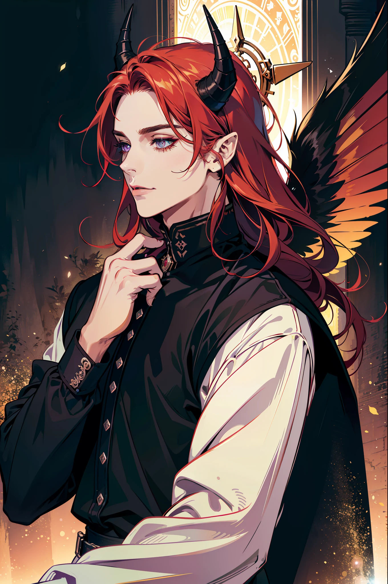 (absurdres, highres, ultra detailed), 1 male, adult, handsome, tall muscular guy, broad shoulders, finely detailed eyes and detailed face, red long hair, fantasy, complex pattern, detailed face, demon wings, lens flare, colorful, black clothes, bracelets and accessories, prism, glowing, glitter, particles, bloom, likes to celebrate and have fun, enjoys nature, bright and gothic outlook, creative and adventurous spirit, represents happiness and harmony, elf ears, violet eyes, black horns