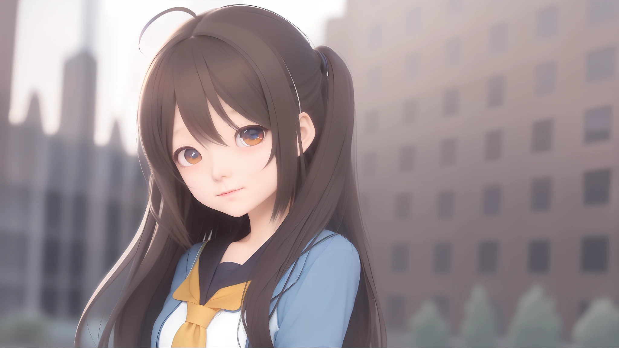 anime girl with long hair and a blue shirt and a yellow tie, kawaii realistic portrait, smooth anime cg art, anime moe artstyle, anime visual of a cute girl, cute anime girl portrait, portrait anime girl, cute anime girl, portrait of an anime girl, close up of a young anime girl, visual novel cg, portrait of cute anime girl