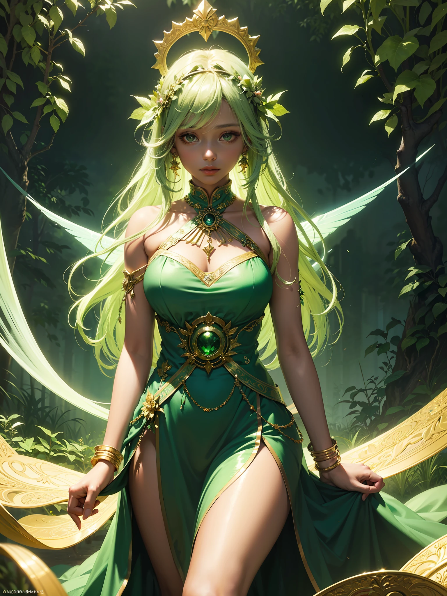 nature goddess, glowing green flowy hair, dark skin, casting a green leaves spell, plants on background, gold shiny halo, magical girl ((masterpiece, best quality, ultra-detailed, high-resolution)), solo, beautiful girl, gleaming eye, perfect eye, long embroidered dress with beads