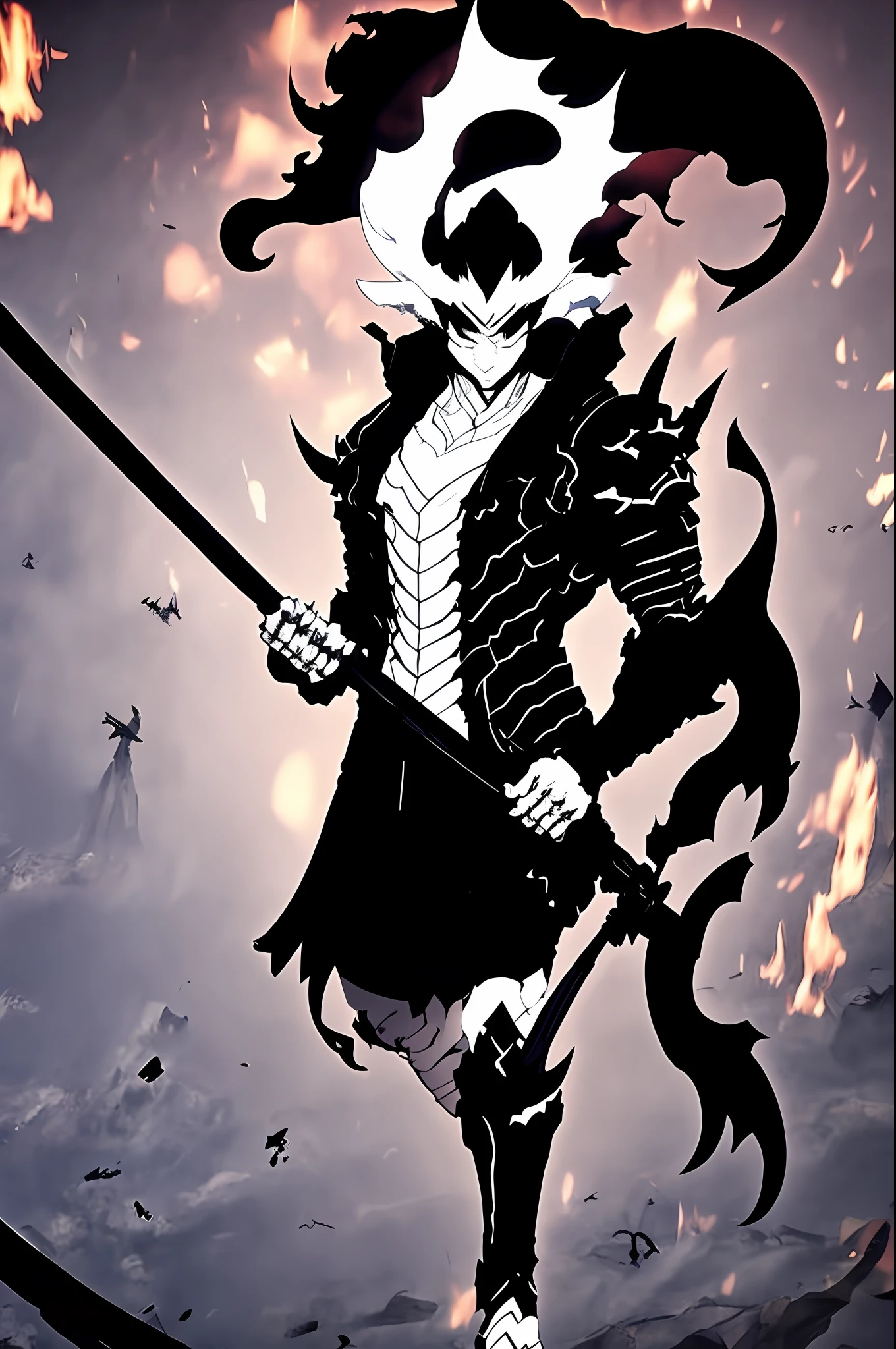 Black hair anime character and black costume holding a war sickle, war sickle fully shown in the picture, handsome man in demon slayer art, 8K badass anime, beautiful male god of death, handsome japanese demon boy, by Yang Ji, white horned male demon suit, keqing from Genshin effect, detailed anime character art, best 4K Konachan anime background, male demon, anime character art