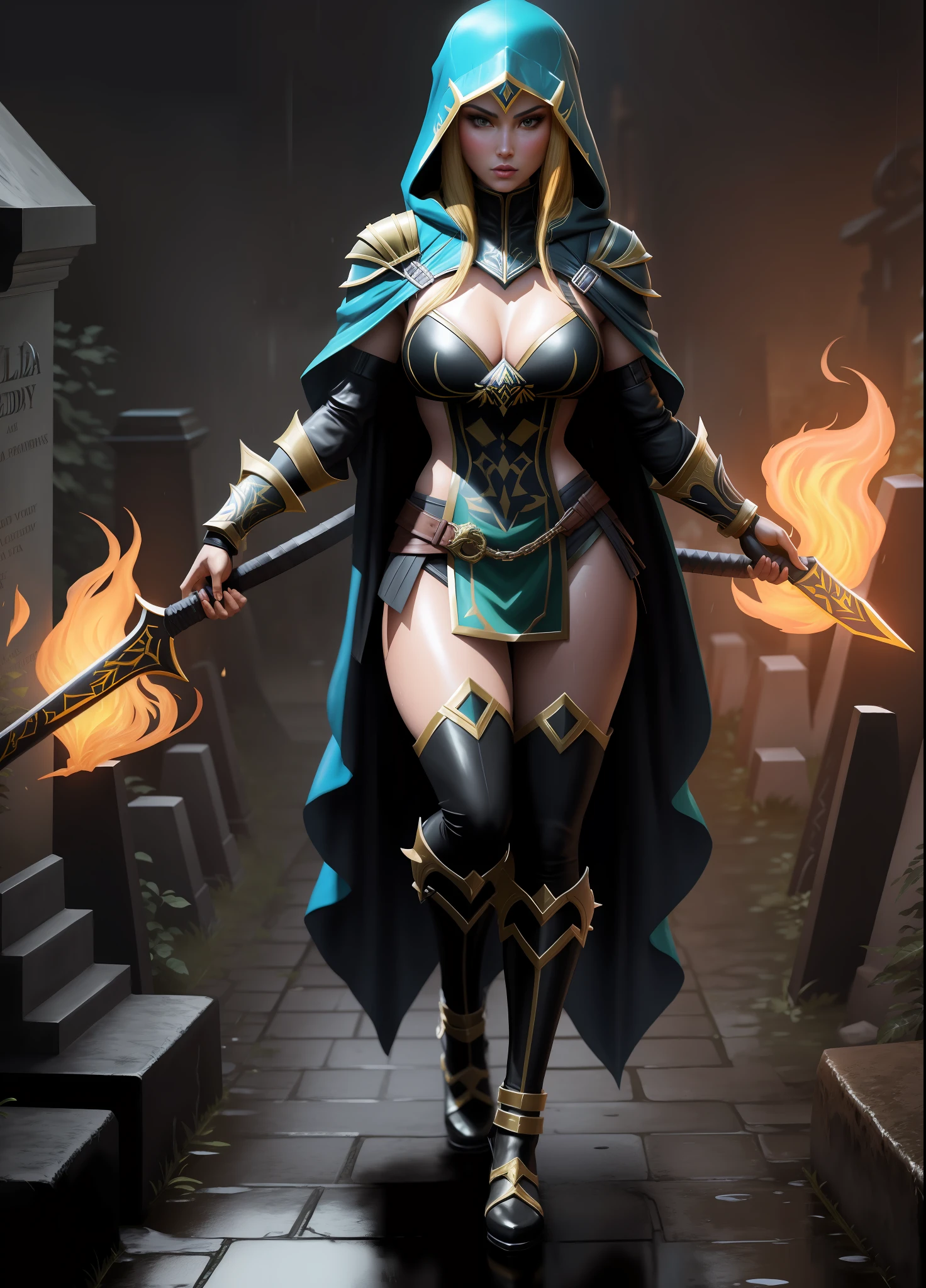 Mortal Kombat Scorpion, Full body image, ((Princess Zelda as Scorpion, keep Scorpion’s costume in its original colors along with its layout and add a hood on the head)), standing, stepping on the ground, immensely large breasts, she has black hair and blue eyes, looking at the viewer with fury and anger, holding a fire Katana attached to a black chain, she is in a macabre cemetery raining, body and clothes all soaked with water. Realism, anime, Mortal Kombat, UHD, 16k, masterpiece, high detail, best quality, anatomically correct.