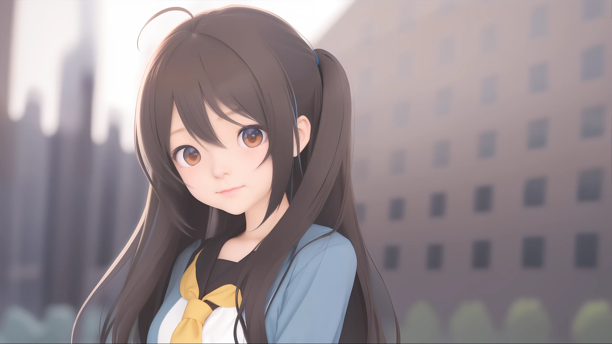 anime girl with long hair and a blue shirt and a yellow tie, kawaii realistic portrait, smooth anime cg art, anime moe artstyle, anime visual of a cute girl, cute anime girl portrait, portrait anime girl, cute anime girl, portrait of an anime girl, close up of a young anime girl, visual novel cg, portrait of cute anime girl