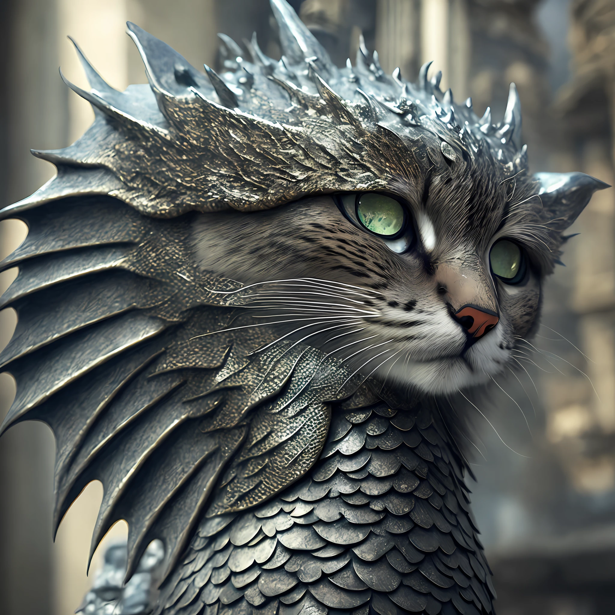 Cute cat, cat with dragon wings, Very detailed face and skin texture, detailed eyes, Detailed muzzle, detailed paws, detailed legs, looking at the camera, in the castle day, dragon horns, European dragon, guy looking away, dragon wings, silver fur