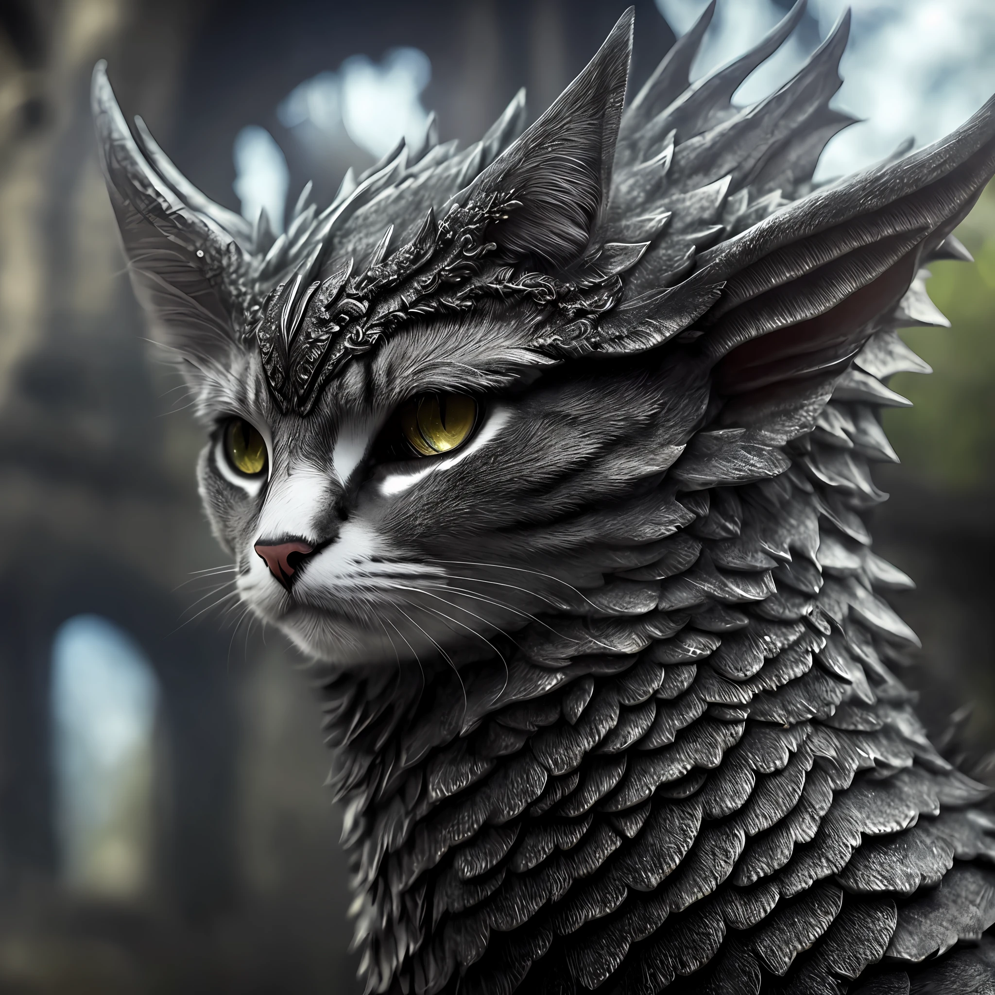 Cute cat, cat with dragon wings, Very detailed face and skin texture, detailed eyes, Detailed muzzle, detailed paws, detailed legs, looking at the camera, in the castle day, dragon horns, European dragon, guy looking away, dragon wings, silver fur