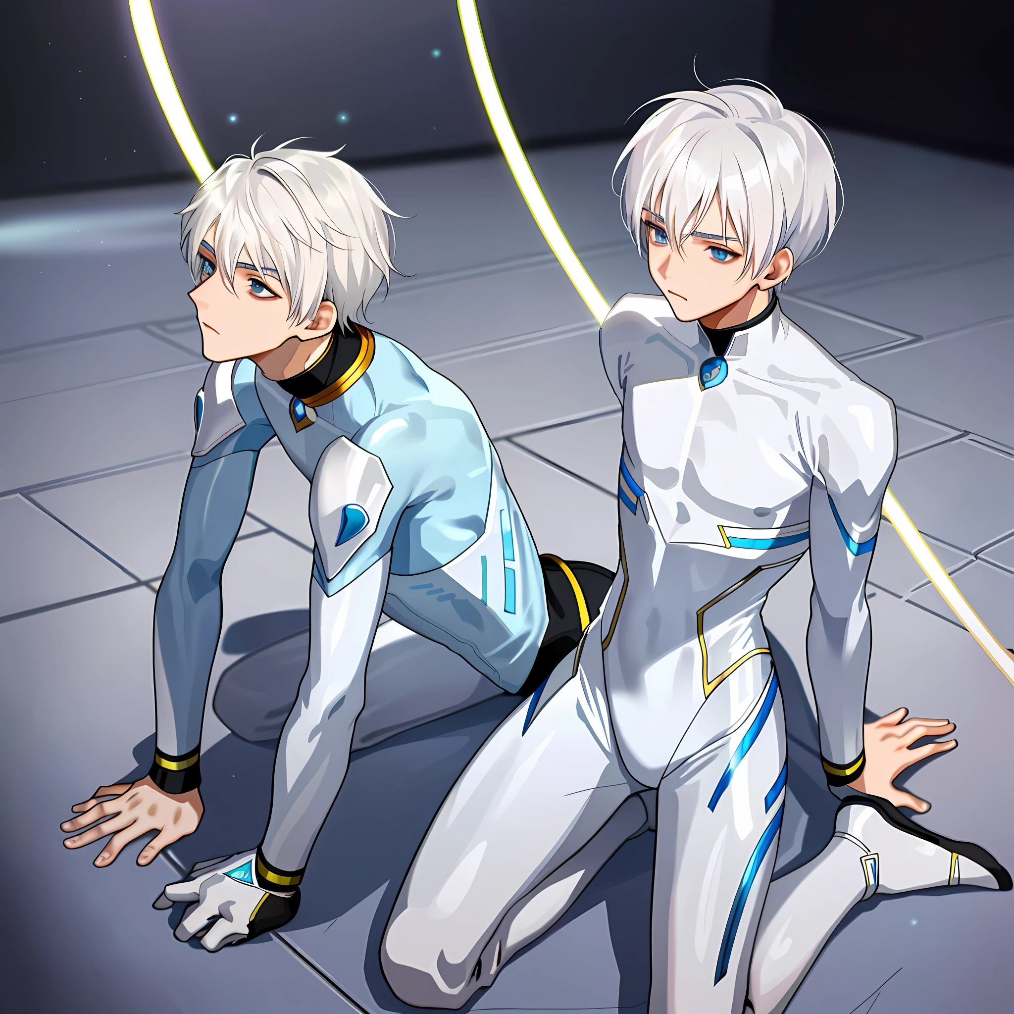 Short white hair fit skinny dreamy faced 18 year old gay male kneelings down in a plain white spandex morphsuit kneeling on the floor limp and profusely drooling looking as if hes hypnotised looking up at his unseen master erotic fetish scene