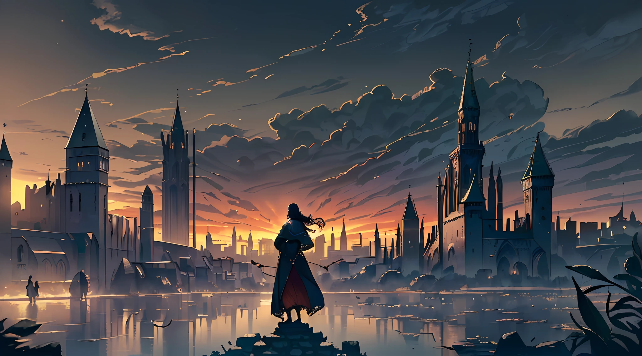 (8k wallpaper of extremely detailed CG unit), (masterpiece), (best quality: 1.2), (high resolution), (illustration: 1.1), (cinematic light: 1.1), finely detailed intricate details, colorful, (best illustration), 8k resolution, intricate details, best quality, realistic, ultra-detailed, better lighting, best shadow, ultra-HD, ultra hd, (detailed reflection), detailed shadows, ((((intricate details))), ((((cityscape of a medieval city))), castle to  background, warped clouds, well made sky, leaves in the wind, smooth, ((perfect shading)), highly detailed illustration, (semi realistic: 1.6), (wide shot:1.2), (large composition:1.0), (((crowd))), serene and cheerful atmosphere, ((high-quality Gothic ruins)), ((cinematic lighting)), (semi-realistic), ((dark fantasy: 1.5)), (proportional height), Lovecraftian, (better lighting), (hyperintricate details), ((ultra-detailed)), 4k unit, (extremely detailed CG: 1.2), (8k: 1.1), Artstation.