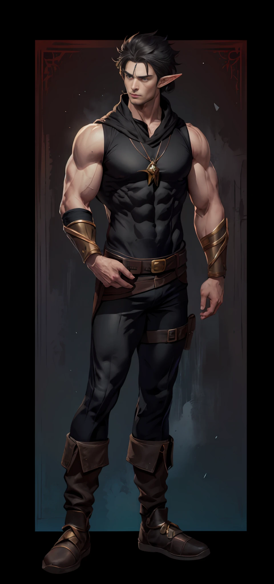 (Muscular male hero with elf features:1.2, manly:1.1, D&D-style full body portrait with intricate details:1.2, simple background), (masterpiece, best quality), heroic masculine pose, (black shirt,bracers, pants and black trainers: 1.2), black hair,