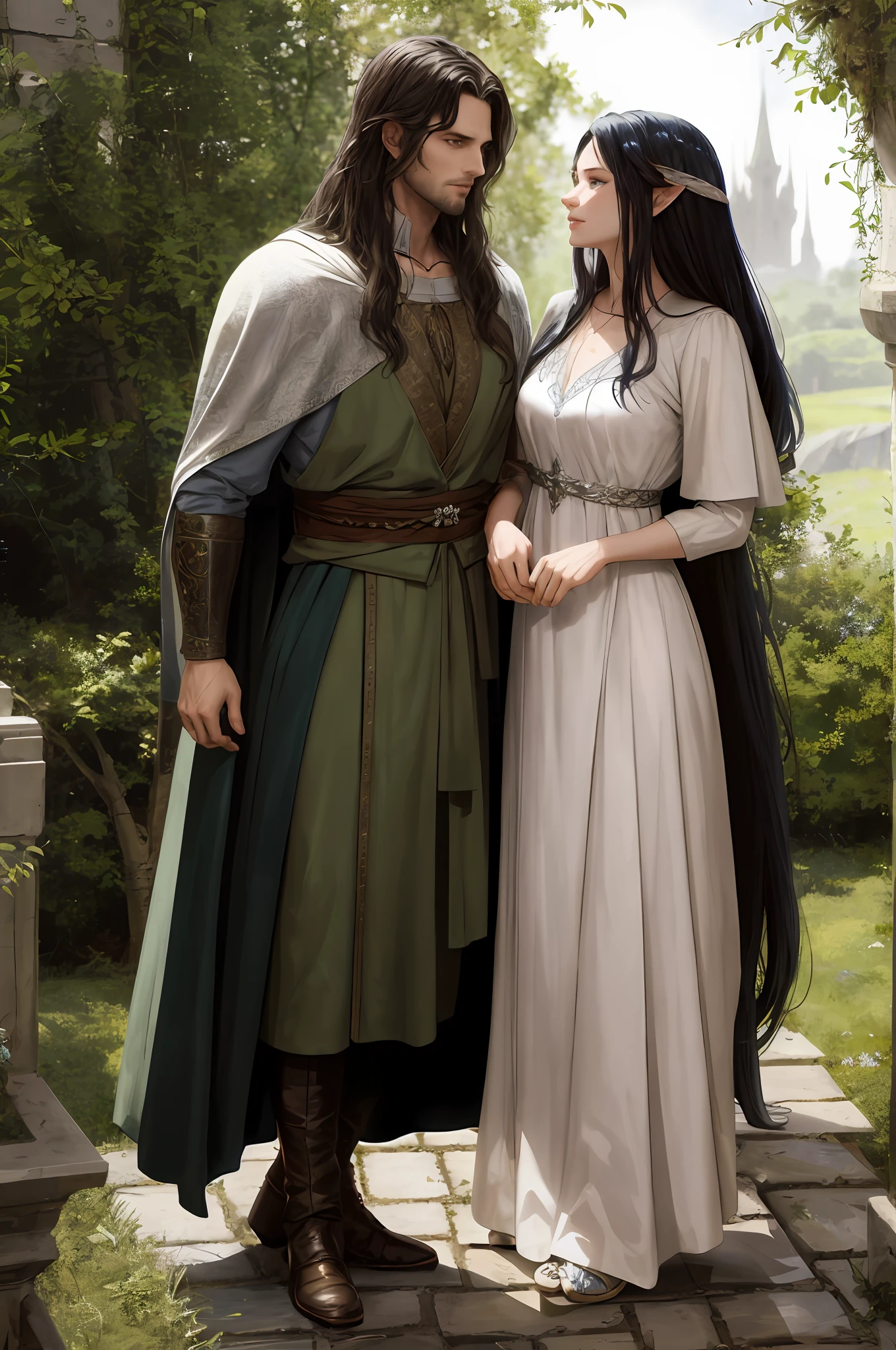 full body portrait of lord of the rings Aragorn(vigo morgenstern, dark blue and silver attire) and Arwen(liv tyler, elf, perfect face, dark hair, stunningly attractive, beautiful), looking at viewer, fantasy white castle, forest.