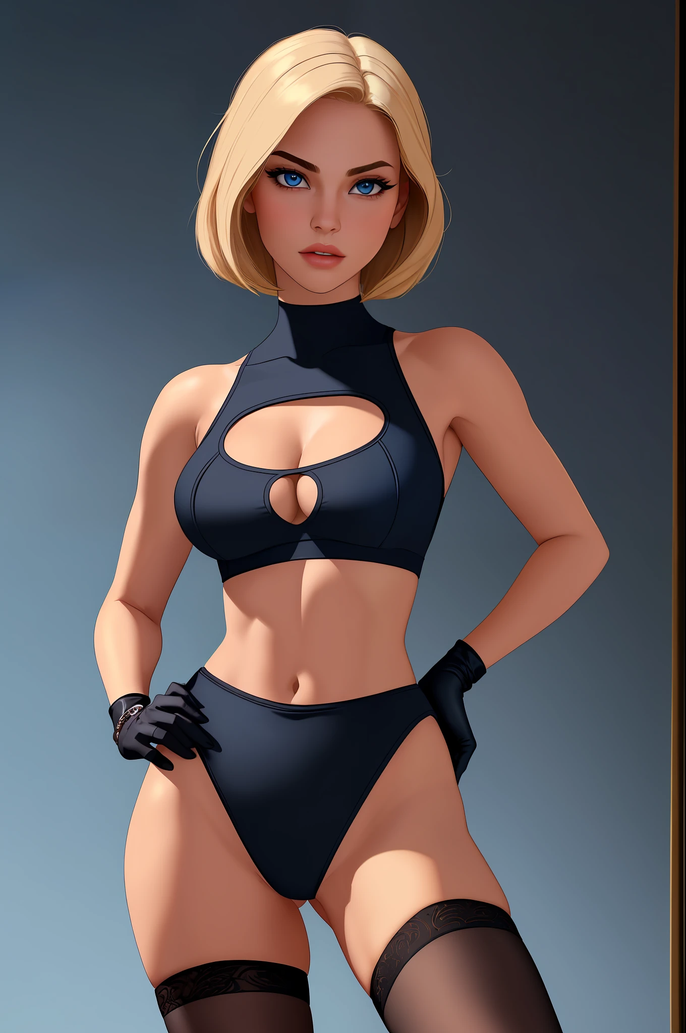 ((best quality)), ((masterpiece)), ((ultra realistic)), (dynamic sexy pose), american blonde, beautiful detailed face, detailed eyes, sexy teacher, dressed in a black leotard with a midriff cutout, school backdrop, highly detailed, professional, bare legs, full body, hands on hip, bob hair, short hair, blue eyes, blue sleeveless tank top, black gloves,