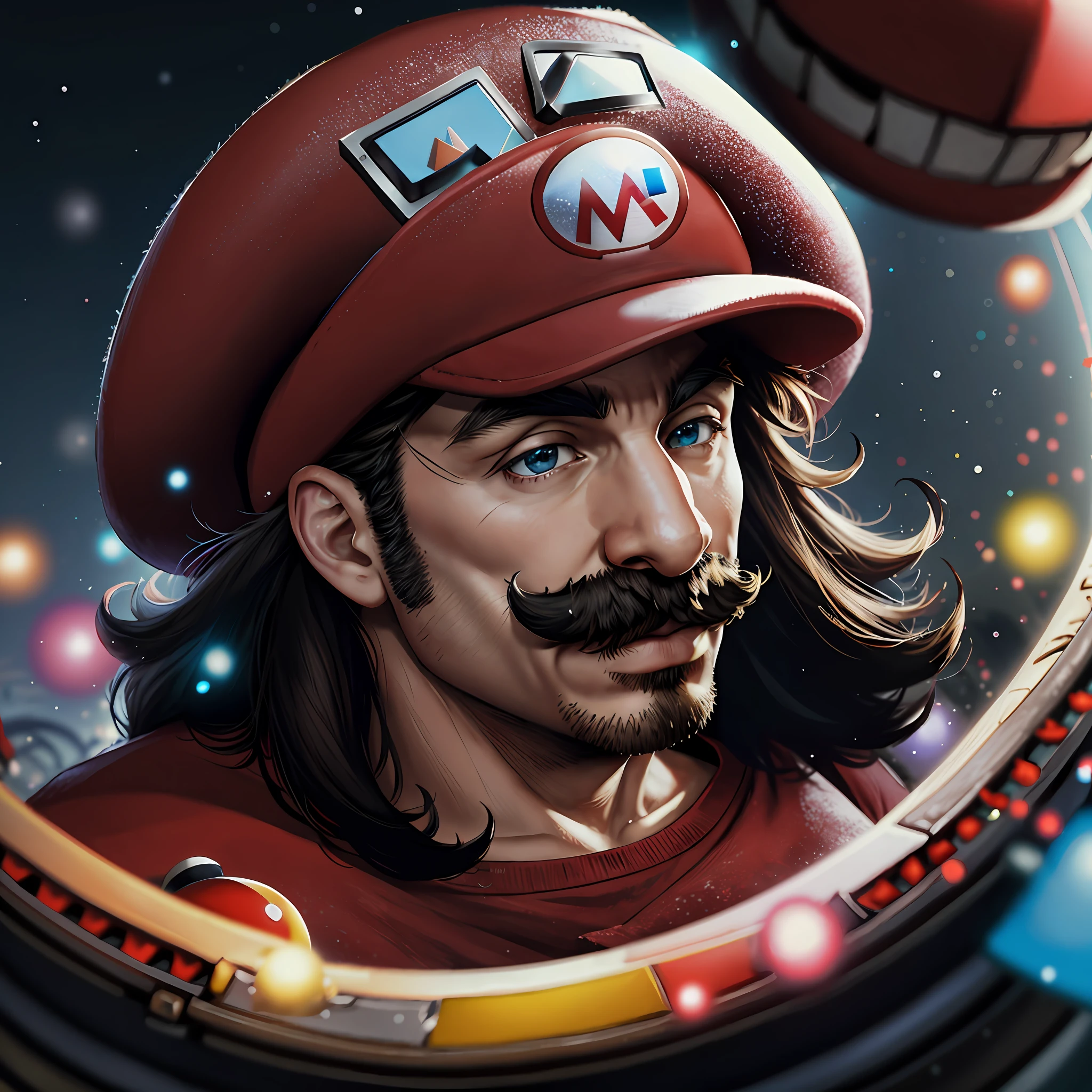 Mario portrait, red hat, mustache, particles, eye focus, bright scene, blond