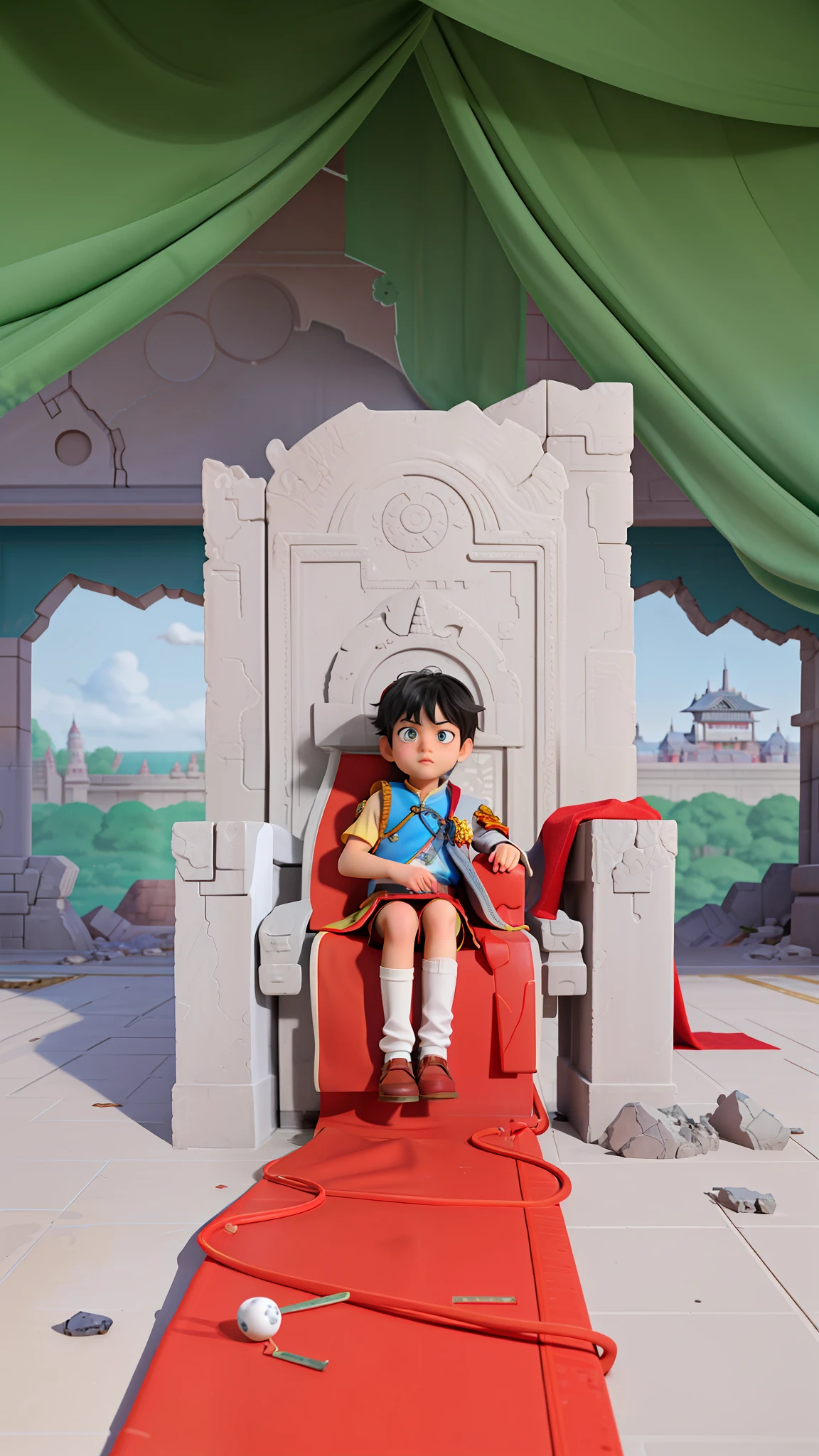 Cute boy sitting on a throne with a red carpet, sitting on a stone throne, Katsuhiro Otomo, Don Lawrence, Leiji Matsumoto, Mamoru Hosoda, Shinji Ikari, (cute boy), elementary school student, young, high image quality, (beautiful eyes), (broken throne), (expressionless), ruined, devastated, sunny sky, rubble, (prince)