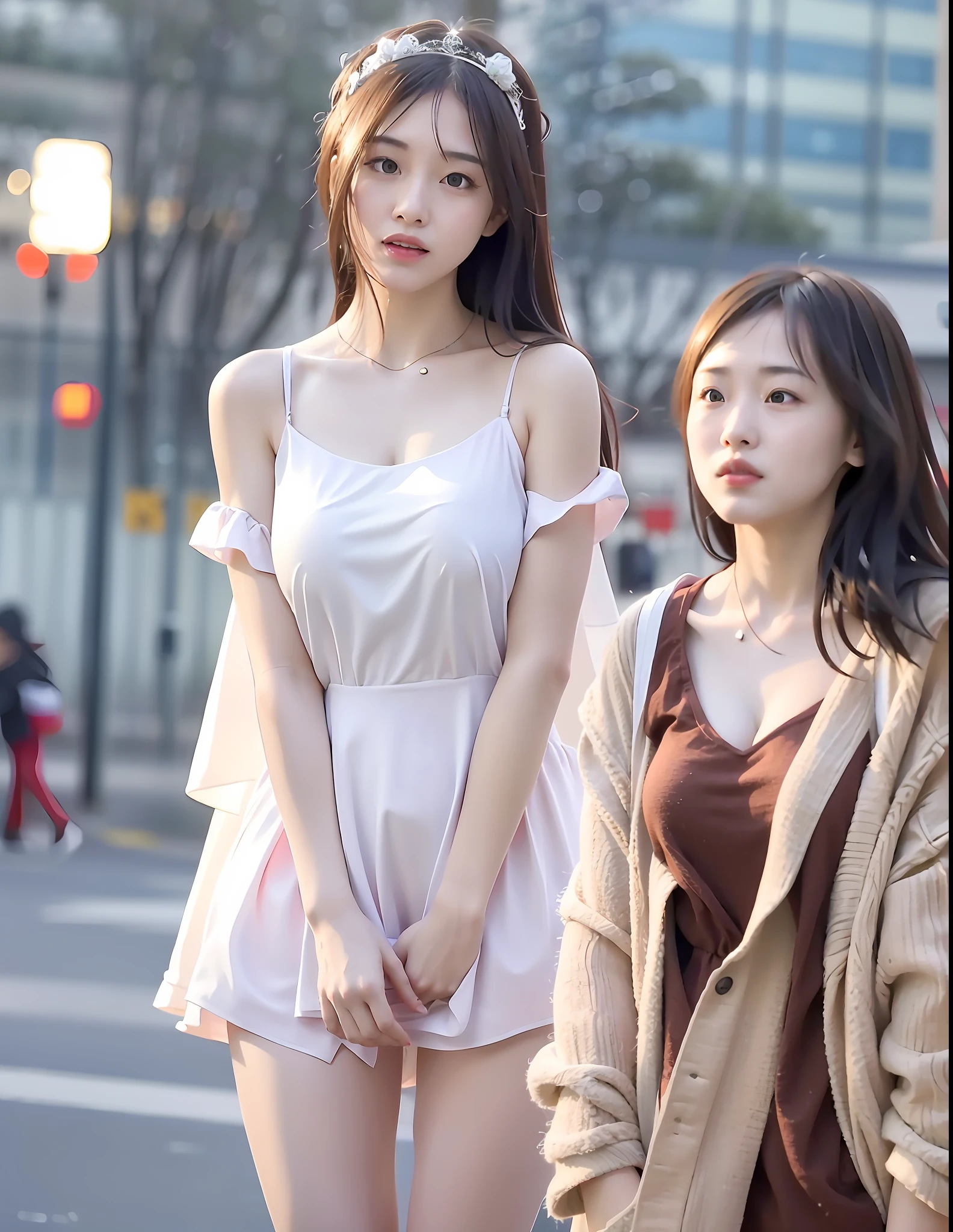 (8k, RAW photo, best quality, mastery: 1.2), (realistic, photorealistic: 1.37), girl alone, cityscape, night, rain, wet, professional lighting, photon mapping, radiosity, chinese doll, torn, chemise, large breasts, nurse, wedding dress image, show