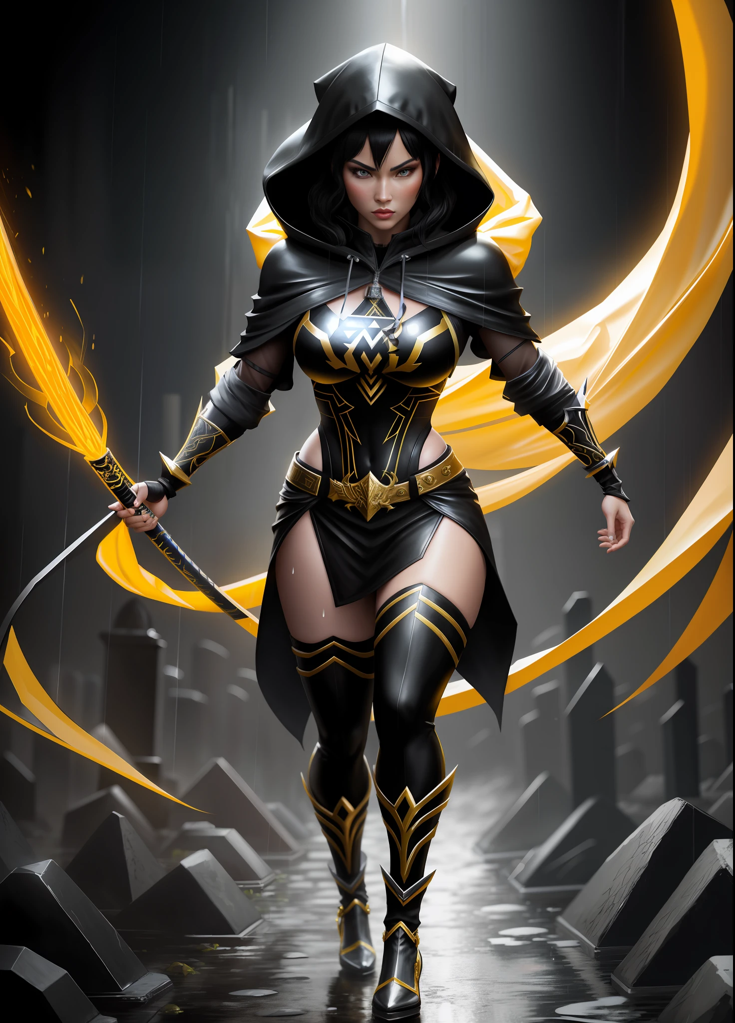 Mortal Kombat Scorpion, Full body image, black suit with design and accessories in golden yellow, ((Princess Zelda as Scorpion, keep Scorpion’s costume in its original characteristics and add a hood on the head)), stylish shoes, immensely large breasts, ((she has black hair and blue eyes)), looking at the viewer with fury and anger, holding a Katana attached to a black chain, she is in a macabre cemetery raining, body and clothes all soaked with water. Realism, anime, Mortal Kombat, UHD, 16k, masterpiece, high detail, best quality, anatomically correct.