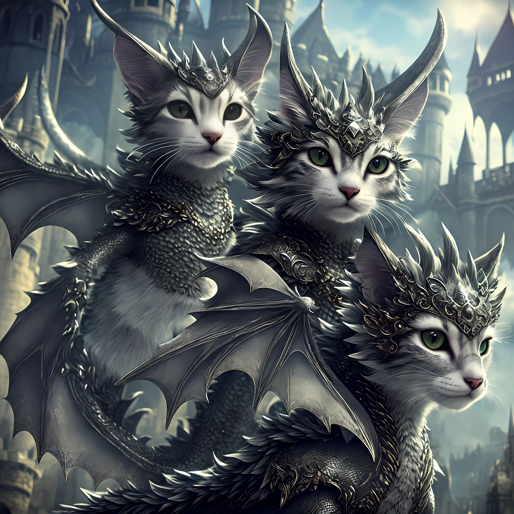 Cute cat, cat with dragon wings, Very detailed face and skin texture, detailed eyes, Detailed muzzle, detailed paws, detailed legs, looking at the camera, in the castle day, dragon horns, European dragon, guy looking away, dragon wings, silver fur