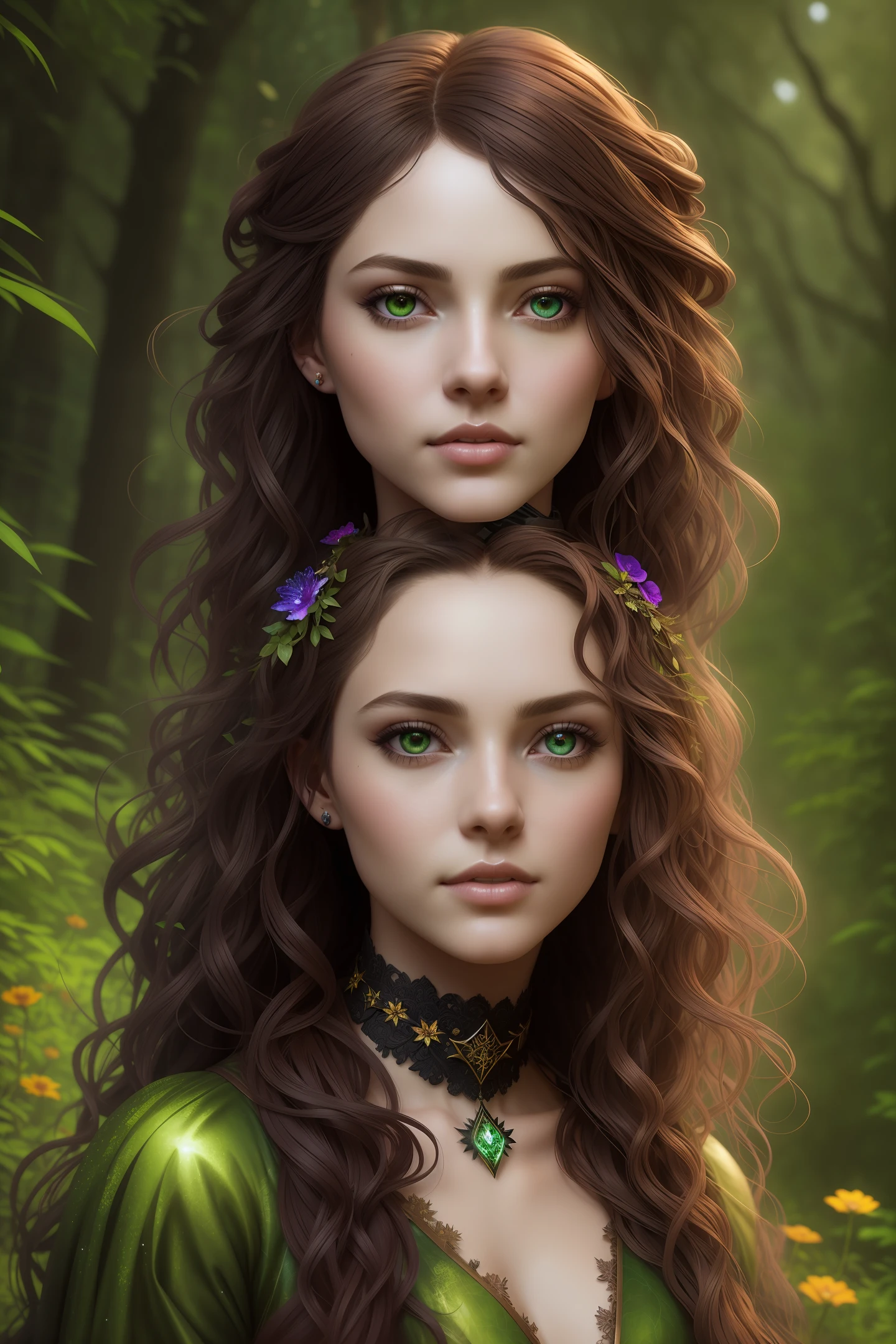 young woman looking up, (magic forest background), dark skin, delicate and pretty detailed face, redish golden long and curly brown hair, detailed and realistic bright green eyes, fairy and flowers, wild flowers blending into hair, medieval ranger outfit, full body, cover, choker, hyperdetailed painting, luminism, Bar lighting, complex, 4k resolution concept art portrait by Greg Rutkowski, Artgerm, WLOP, little fusion pojatti realistic goth, fractal isometrics details bioluminescens : a stunning realistic photograph 18 years