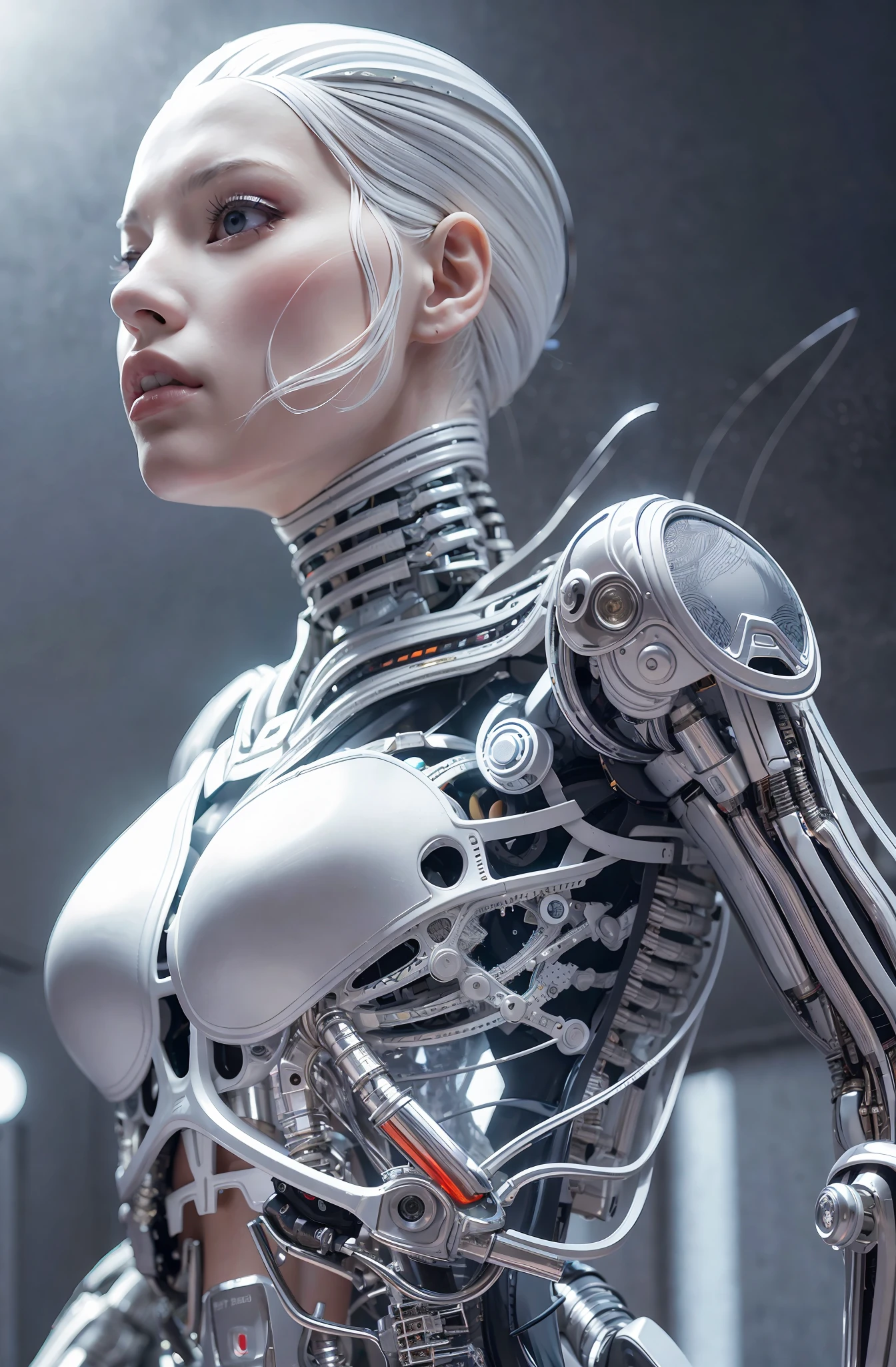 complex 3d render ultra detailed of a beautiful porcelain profile woman android face, cyborg, robotic parts,120 mm, beautiful studio soft light, rim light, vibrant details, luxurious cyberpunk, lace:1.1,hyperrealistic, anatomical, facial muscles, cable electric wires, microchip, elegant, beautiful background, octane render, H. R. Giger style, 8k, best quality, masterpiece, illustration, an extremely delicate and beautiful, extremely detailed,CG,wallpaper, (realistic, photo-realistic:1.5),Amazing, finely detail, masterpiece,best quality,official art, extremely detailed CG unity 8k wallpaper, absurdres, incredibly absurdres, robot, silver halmet, full body,Standing posture