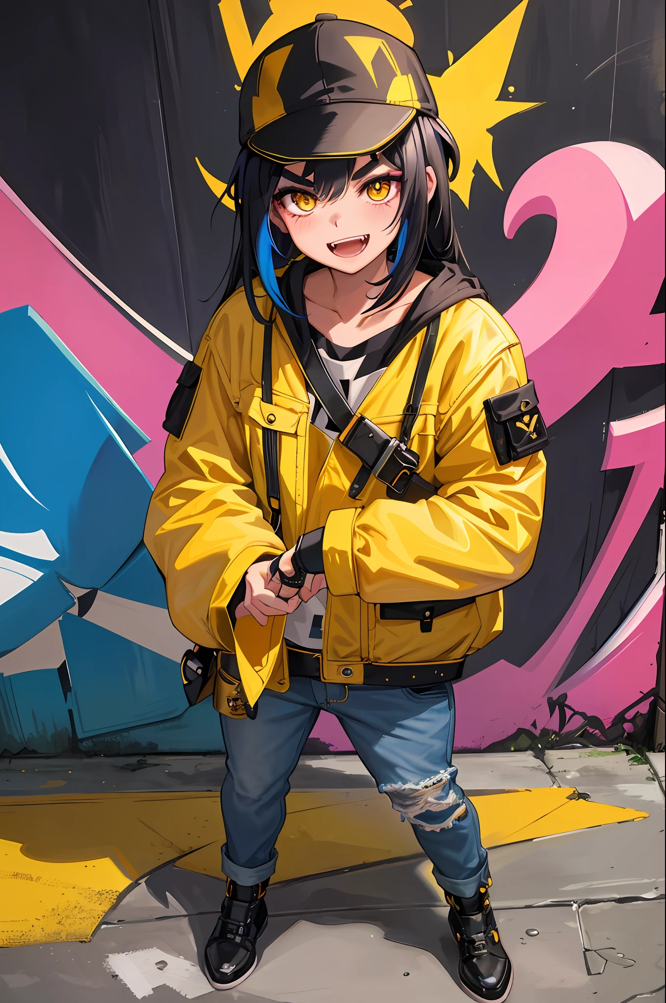 Original Character, Volumetric Lighting, Best Shadows, Shallow Depth of Field, Portrait Of Stunningly Beautiful boy, Petite, Delicate Beautiful Attractive Face With Alluring Yellow Eyes, Messy Painted Face, Sharp Eyebrows, Broadly Smiling, Open Mouth, Fangs Out, Black Hair, Blush Eyeshadow, Thick Eyelashes, Applejack Hat, Oversized Pop Jacket, Tee, Slim Waist, Denim Jeans Pants, With Buckle Belt, In The Graffiti Alley, Waste Container, Outside Stairs, Outdoor Unit, Holding Spray Paint Can, Standing, (Highest Quality, Amazing Details:1.25), (Solo:1.3), Brilliant Colorful Paintings