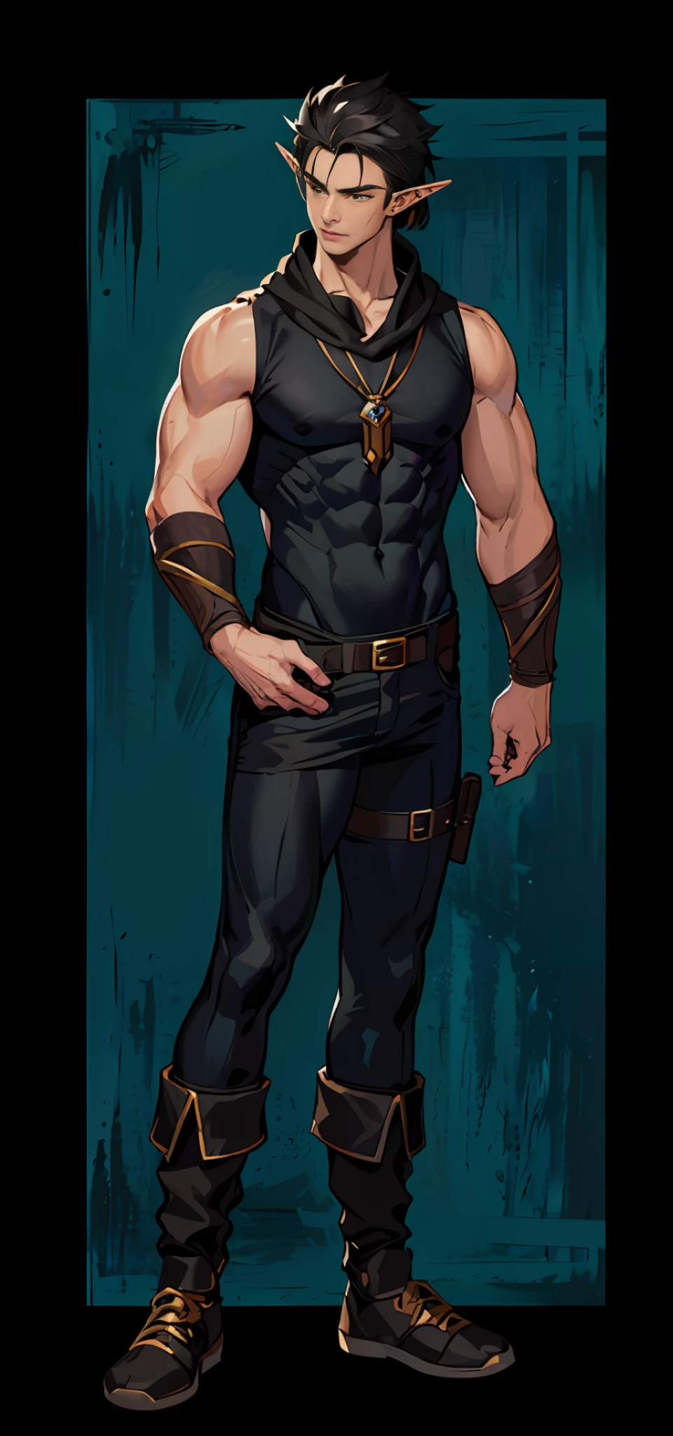 (Muscular male hero with elf features:1.2, manly:1.1, D&D-style full body portrait with intricate details:1.2, simple background), (masterpiece, best quality), heroic masculine pose, (black shirt,bracers, pants and black trainers: 1.2), black hair,