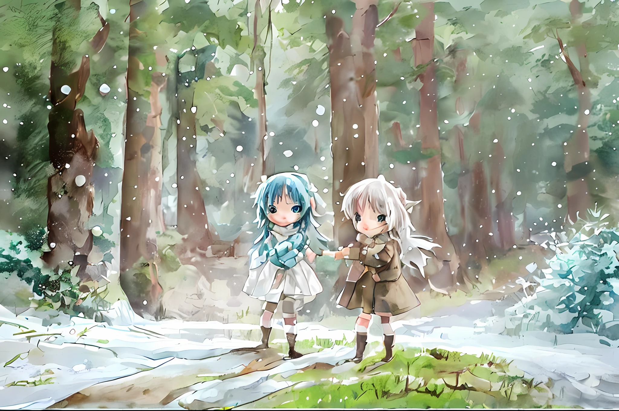 anime characters in a snowy forest with trees and snow, cute anime, in the snow, in snow, soft anime illustration, two beautiful anime girls, in a snowy forest setting, hd anime wallaper, cute digital art, in the winter, cute artwork, anime wallpaper, anime picture, cute!, anime girls, snowing, beautiful fantasy anime, anime wallaper