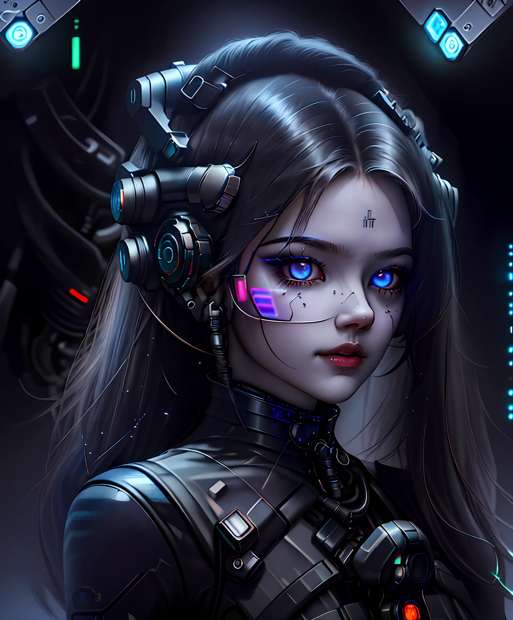 best quality, extremely detailed, (POV, 1girl, Robot Girl (solo), anime, bionic armor, metal bones, steel and titanium leather, bionic face, mechanical joints, hard eye circle, extremely detailed full-body armor, jet engines, dark dynamic background, glowing eyes, cyberpunk style, glowing aura), dynamic pose, android girl, cyberpunk, computer glitch, holograms, hacking, absurdity, in a hyper-detailed room, full computers and computer screens, (best quality), digital illustration of the cyber dead,