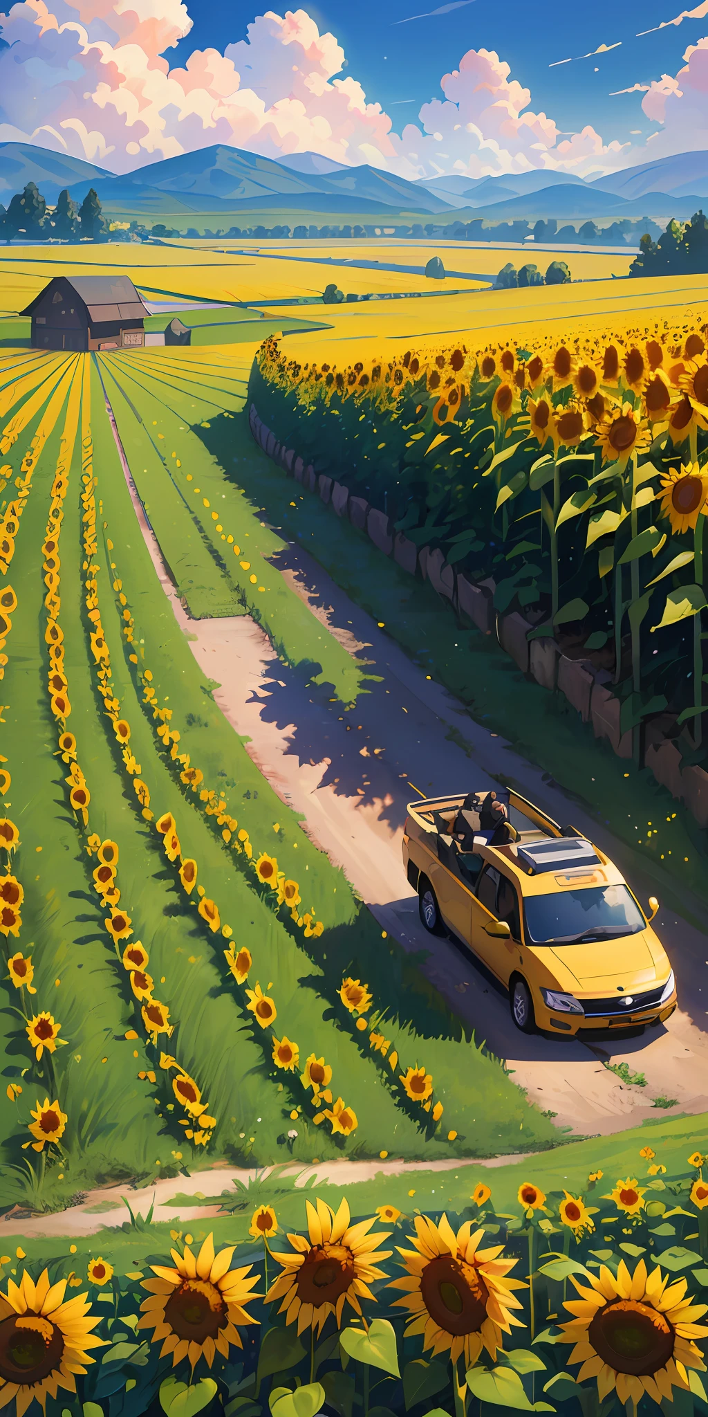 Masterpiece, best quality, (very detailed CG unified 8k wallpaper) (best quality), (best illustration), (best shade) nature harvest sunflowers, super meticulous , people working in the fields --v6