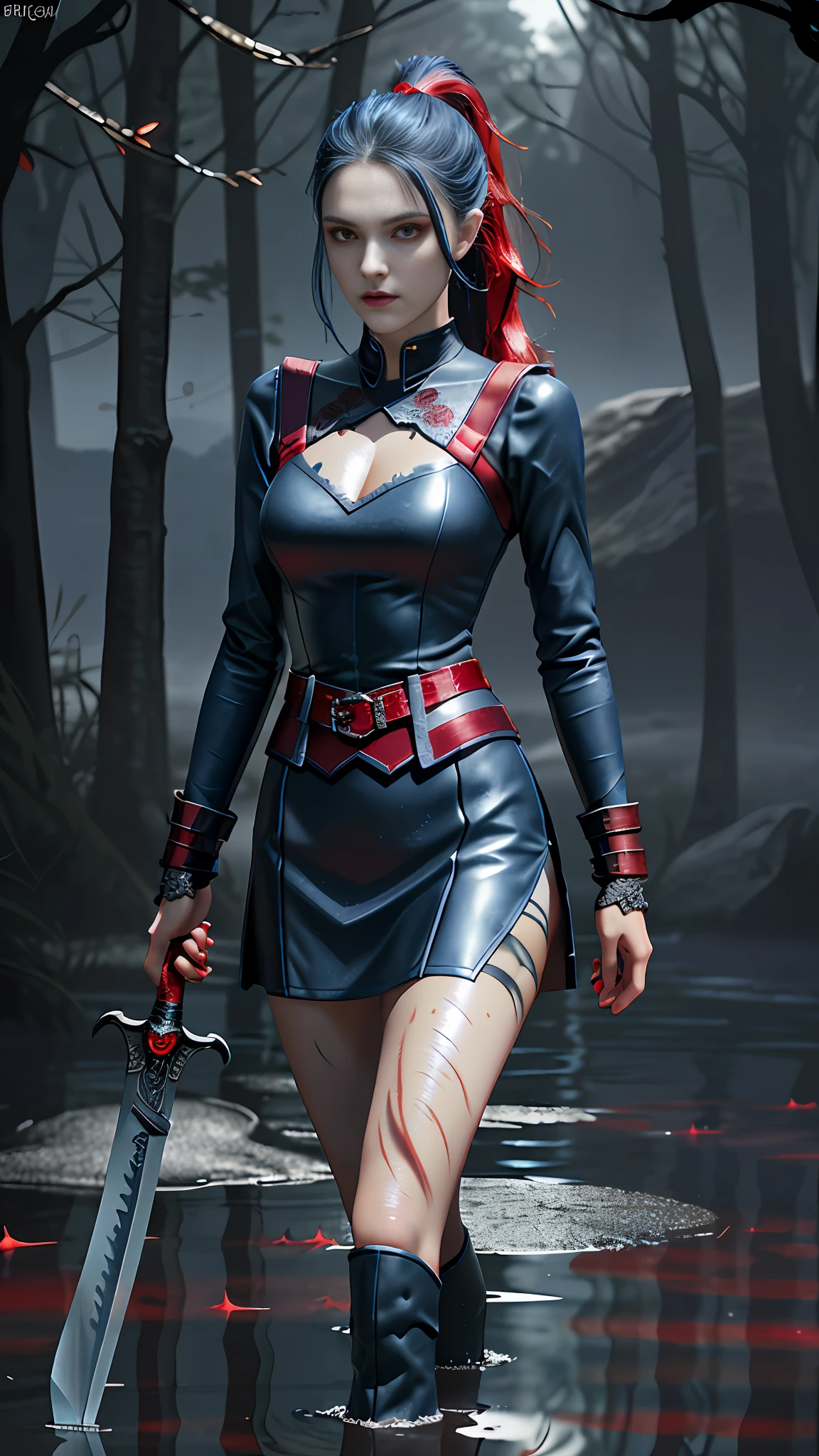 Perfect waist cut, Large breasts, Warrior girl with a small short sword on hand, Skimpy leather glossy clothes, organza elements on clothes, dark blue hair with red highlights, (perfect nose), Seductive gaze, dark blue high boots on high heels with red highlights, (Best Illustration), 8k Resolution, Intricate Details, Best Quality, Realistic, Ultra Detailed, Best Lighting, Best Shadows, Ultra HD, A Necromancer style, Night, Magic, Dark Style, Vampire, (shining red eyes:1.6), masterpiece, high_res, Beautiful face, tyndall effect, photo realistic, (high detailed skin:1.2), 8k uhd, dslr, high quality, Photograph, high resolution, 4k, 8k, Bokeh, absurdres, ponytail contorted, best ratio four finger and one thumb, front view, dark blue hair gorgeous, perfect proportional skinny fitness body, full body view, wet skin, wet clothes, dark cathedral baground scenery, huge bobs, belly muscle, long fit perfect legs, fishnet dark red Stockings, realistic reflection in the water