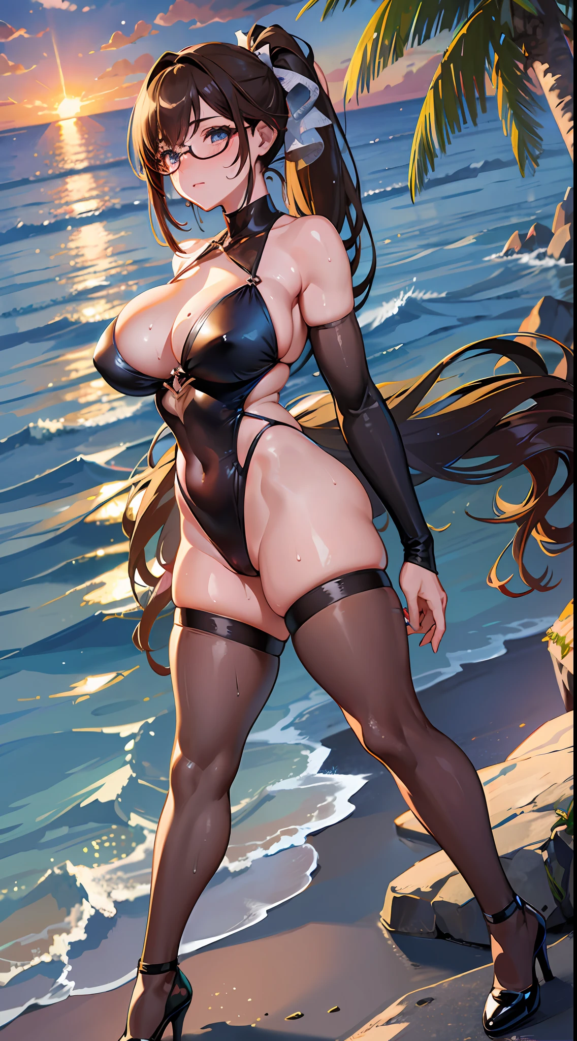 realistic, photorealistic, colorful, great lighting, ultra-detailed, dynamic angle, masterpiece,(solo:1.1), perfect face, (bright lighting:1.2),beautiful detailed eyes, extremely detailed face, perfect lighting,masterpiece, best quality, 1girl, {hair (darkbrown), (long hair), (2 ponytails)},
look up from below, back facing, beach, sunset,
darkbrown bikini, high-heeled shoes, stockings, glasses, ribbon bows, sweaty, wet body, thighs out, buttocks, large breast, slim, slender, translucent, Embarrassed expression, blush,
covered,