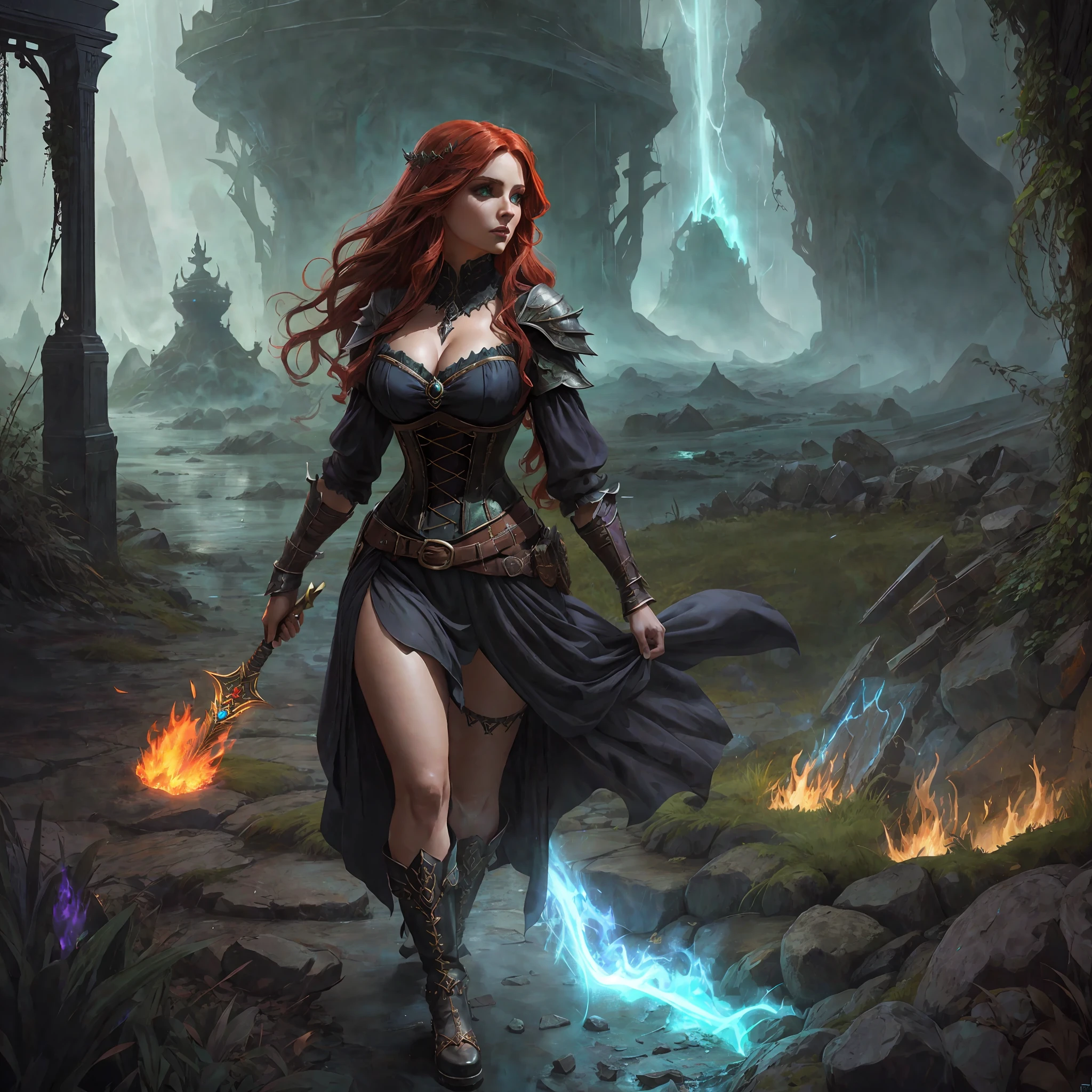 hyper depressed full body scene superpowered evil sorceress, detailed symmetrical beautiful velvety green eyes, detailed gorgeous face, volumetric long lush red hair, dynamic pose, perfect shading, with dramatic lighting.centered, intricate long dress costume, seductive aura, beautiful curves,,beautiful thighs, small waist, gorgeous body, conjuring a portal, rendered in 12K resolution for high quality details,  concept art, smooth, sharp focus, illustration, field depht, highly detailed, smooth natural volumetric cinematic perfect light, intricate art masterpiece, full body image, dungeon, fire,incredibly sexy and detailed dark clothes, corset,stylized footwear up to the shin,science fiction elements,dungeons and dragons,skulls stacked on the ground,lava stream, explosion,rainy day, open portal