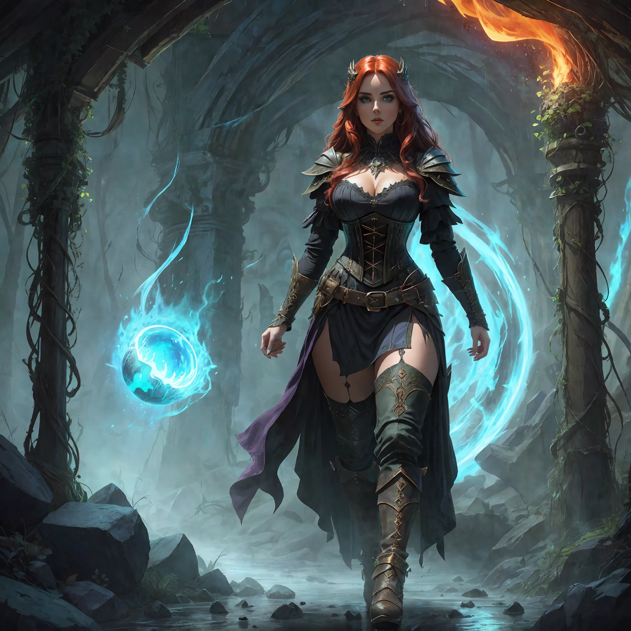 hyper depressed full body scene superpowered evil sorceress, detailed symmetrical beautiful velvety green eyes, detailed gorgeous face, volumetric long lush red hair, dynamic pose, perfect shading, with dramatic lighting.centered, intricate long dress costume, seductive aura, beautiful curves,,beautiful thighs, small waist, gorgeous body, conjuring a portal, rendered in 12K resolution for high quality details,  concept art, smooth, sharp focus, illustration, field depht, highly detailed, smooth natural volumetric cinematic perfect light, intricate art masterpiece, full body image, dungeon, fire,incredibly ???? and detailed dark clothes, corset,stylized footwear up to the shin,science fiction elements,dungeons and dragons,skulls stacked on the ground,lava stream, explosion,rainy day, open portal