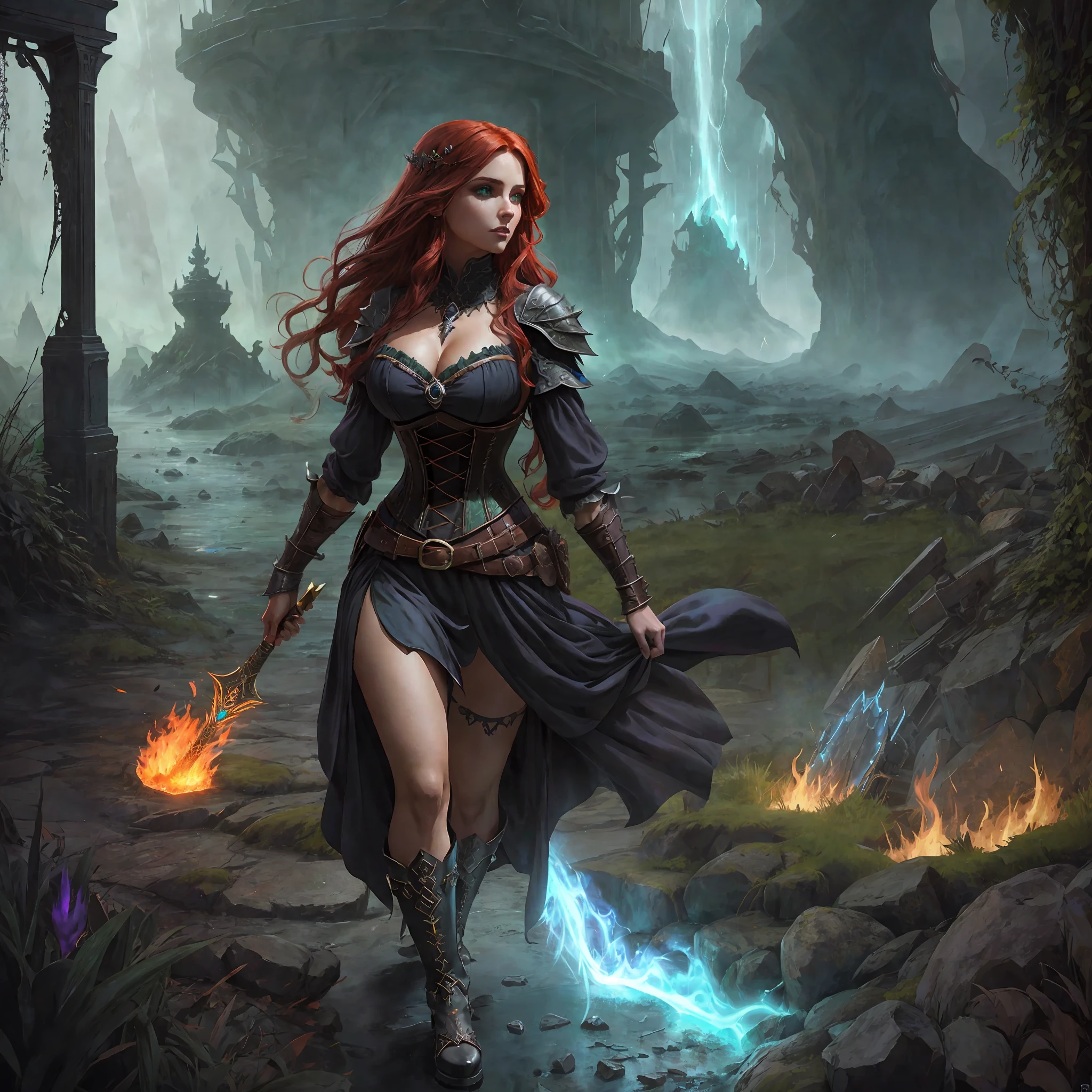 hyper depressed full body scene superpowered evil sorceress, detailed symmetrical beautiful velvety green eyes, detailed gorgeous face, volumetric long lush red hair, dynamic pose, perfect shading, with dramatic lighting.centered, intricate long dress costume, seductive aura, beautiful curves,,beautiful thighs, small waist, gorgeous body, conjuring a portal, rendered in 12K resolution for high quality details, concept art, smooth, sharp focus, illustration, field depht, highly detailed, smooth natural volumetric cinematic perfect light, intricate art masterpiece, full body image, dungeon, fire,incredibly sexy and detailed dark clothes, corset,stylized footwear up to the shin,science fiction elements,dungeons and dragons,skulls stacked on the ground,lava stream, explosion,rainy day, open portal