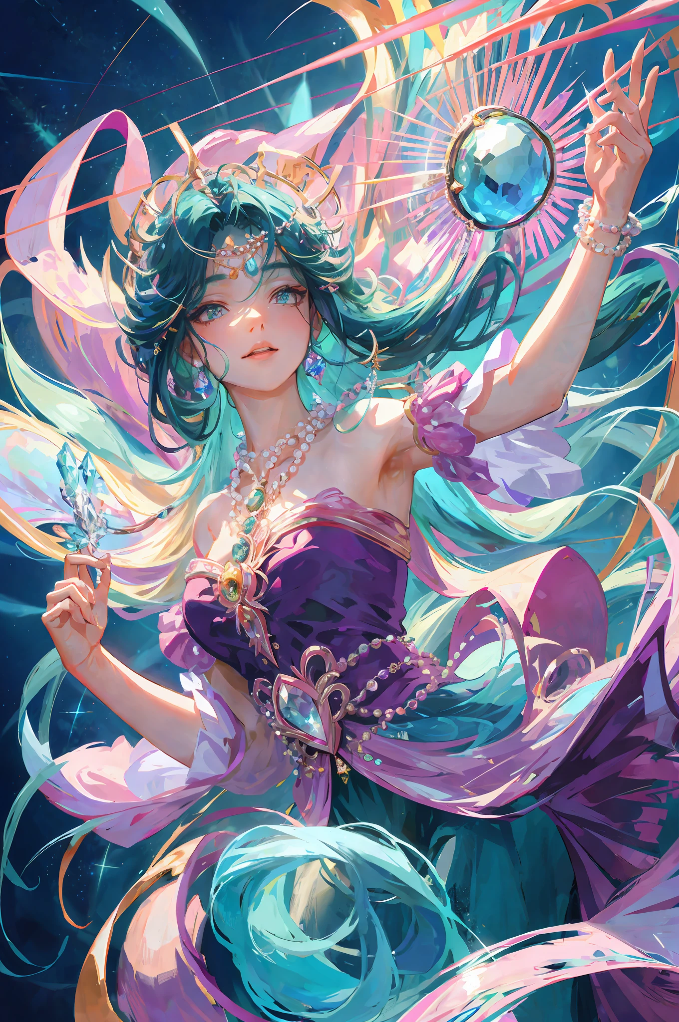 iridescent pearls, glowing flowy hair, casting a spell, gemstones and crystals on background,((masterpiece, best quality, ultra-detailed, high-resolution)), solo, beautiful girl, gleaming eye, perfect eye