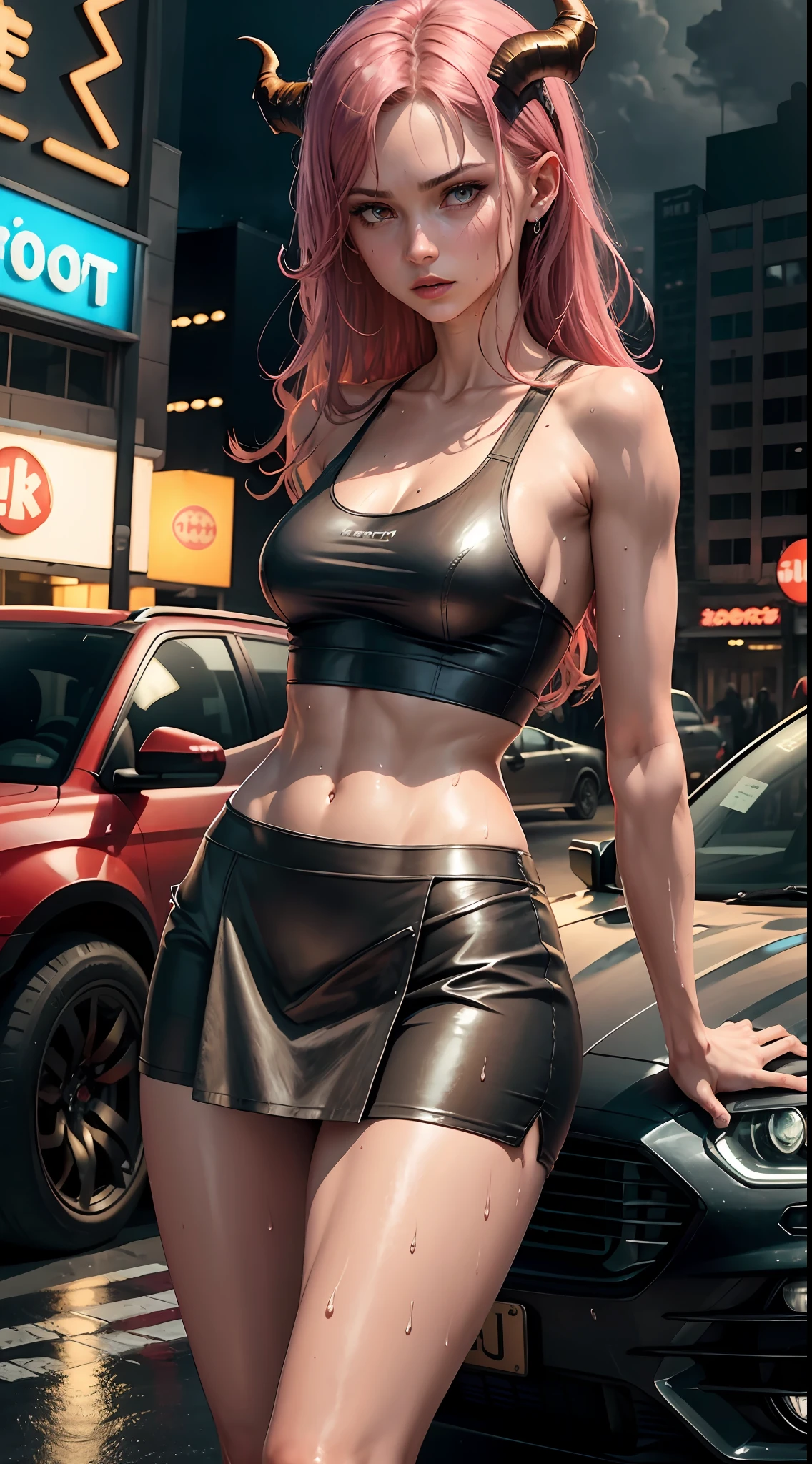 Highly detailed 4k realistic photo (lilith: 1.2), ((whole body, including legs)) of the beautiful 18-year-old sweaty Anglo-Saxon girl with ((pointed jaw)) and perky breasts, in wet underwear with a wet and transparent bra with a deep neckline, evening, beautifully drawn hands, (hell: 1.2), neon lights, ramen shot, neon signs, cars, tank top wet, small skirt, demon, horns