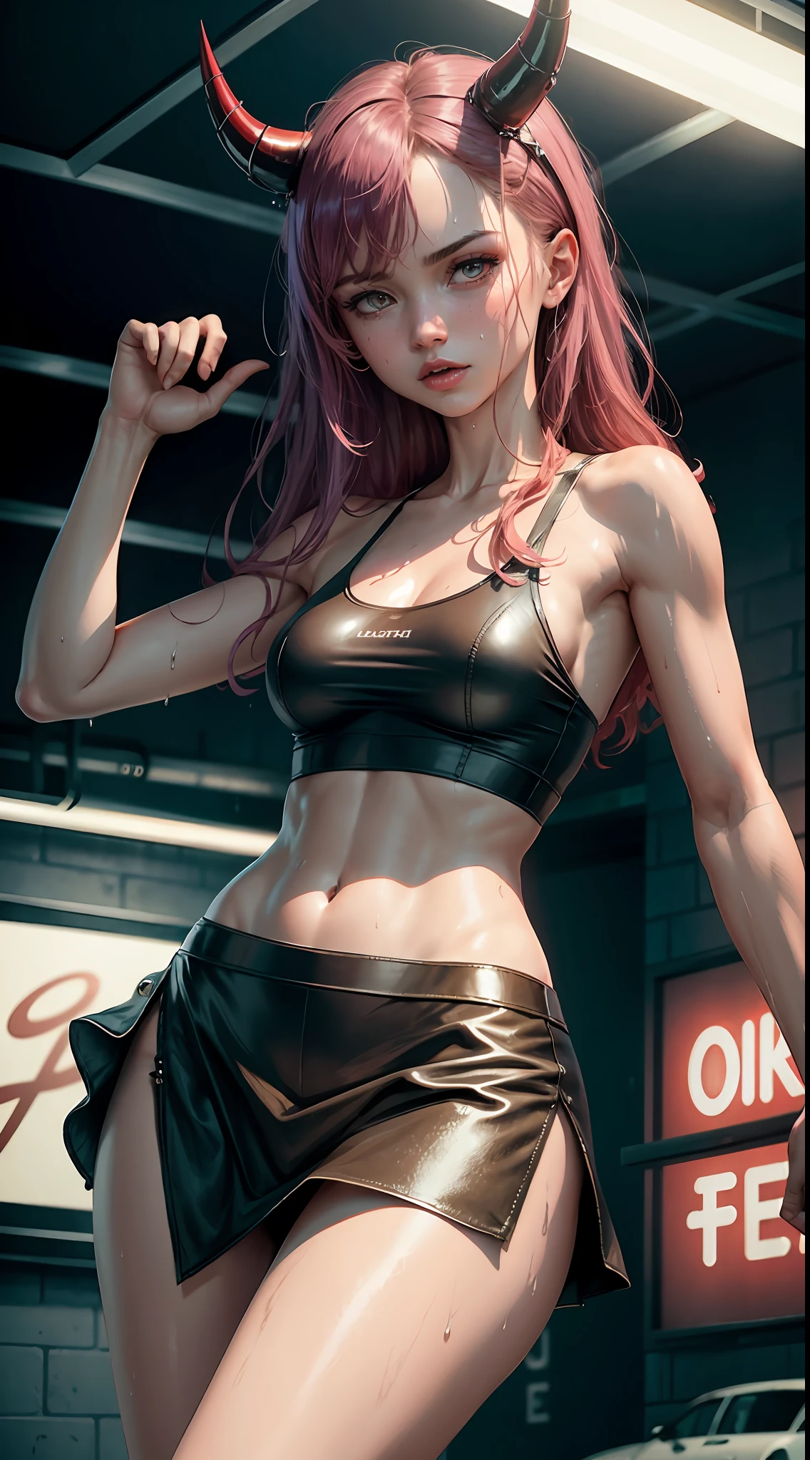 Highly detailed 4k realistic photo (lilith: 1.2), ((whole body, including legs)) of the beautiful 18-year-old sweaty Anglo-Saxon girl with ((pointed jaw)) and perky breasts, in wet underwear with a wet and transparent bra with a deep neckline, evening, beautifully drawn hands, (hell: 1.2), neon lights, ramen shot, neon signs, cars, tank top wet, small skirt, demon, horns