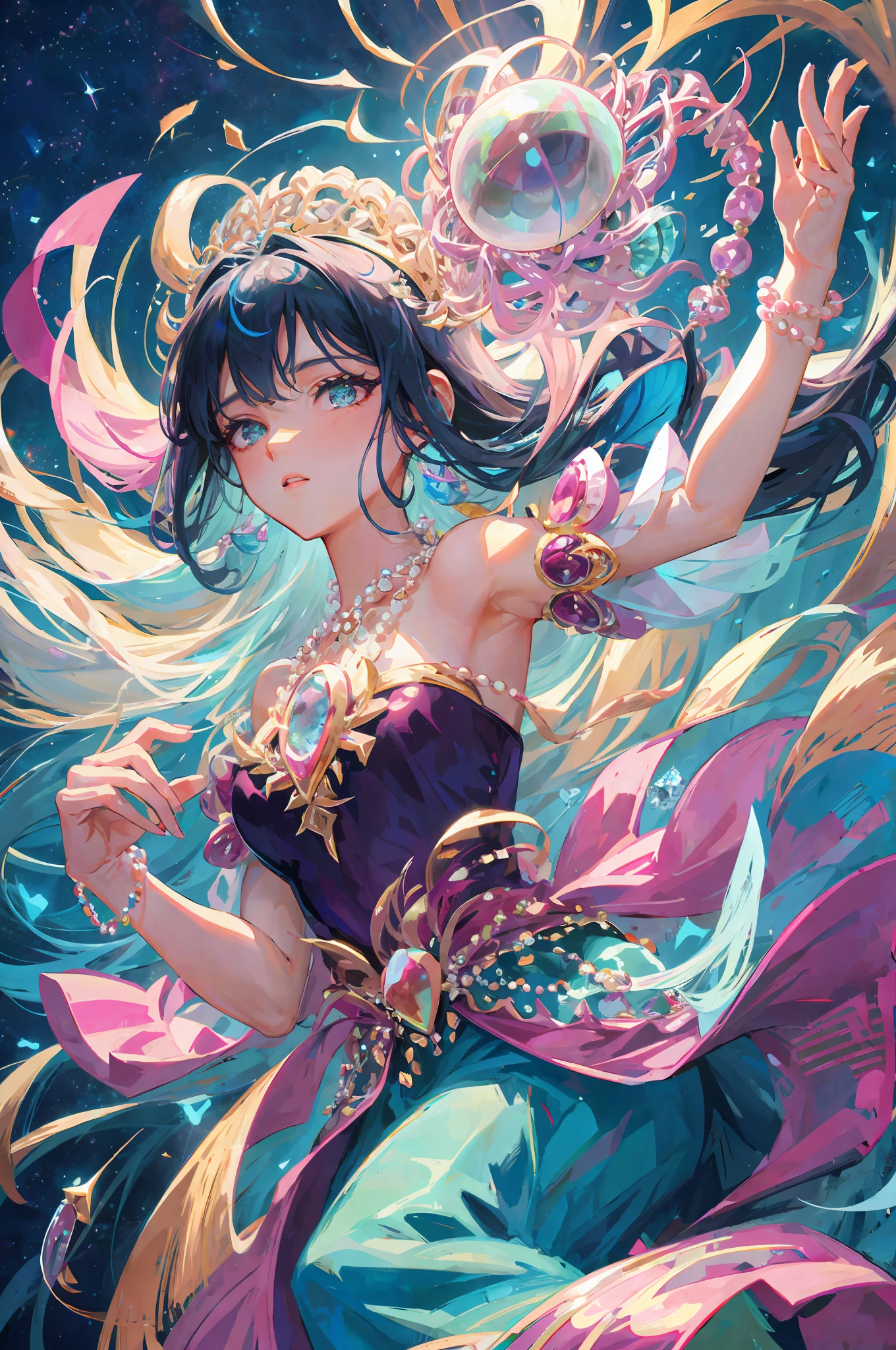 iridescent pearls, glowing flowy hair, casting a spell, gemstones and crystals on background,((masterpiece, best quality, ultra-detailed, high-resolution)), solo, beautiful girl, gleaming eye, perfect eye