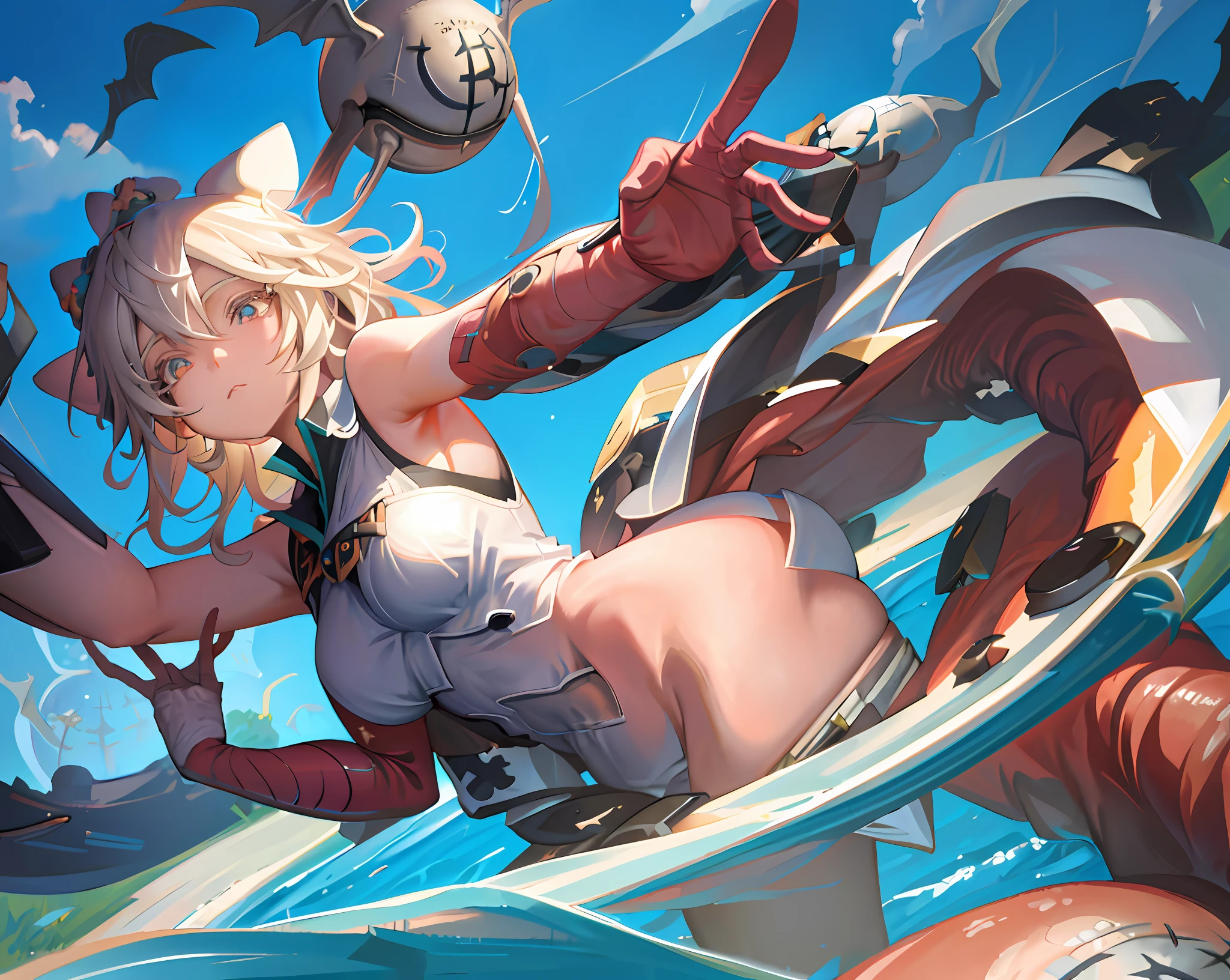 (high quality detailed art 8k, ((anime girl)),((beautiful fantasy queen))), high quality lighting, natural shadows, ((highly detailed art germ)), floating feeling, sexy pose, dress, large breasts, exposed stomach, white liquid, exposed armpits, beautiful face, seductive eyes, detailed digital anime art, dynamic angle, strap, (pool side view), ripples, water surface. He has a stick in his mouth.