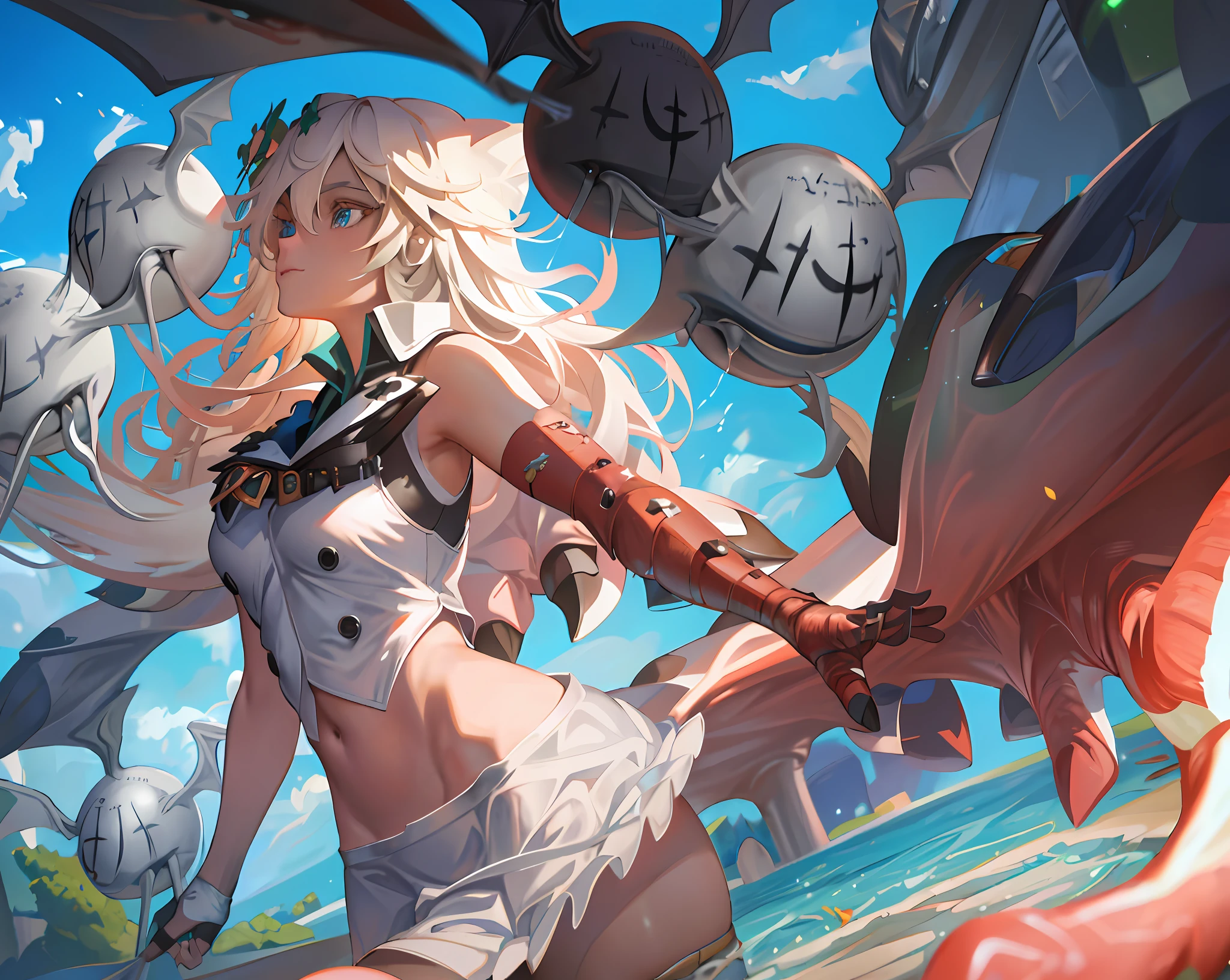 (high quality detailed art 8k, ((anime girl)),((beautiful fantasy queen))), high quality lighting, natural shadows, ((highly detailed art germ)), floating feeling, sexy pose, dress, large breasts, exposed stomach, white liquid, exposed armpits, beautiful face, seductive eyes, detailed digital anime art, dynamic angle, strap, (pool side view), ripples, water surface. He has a stick in his mouth.