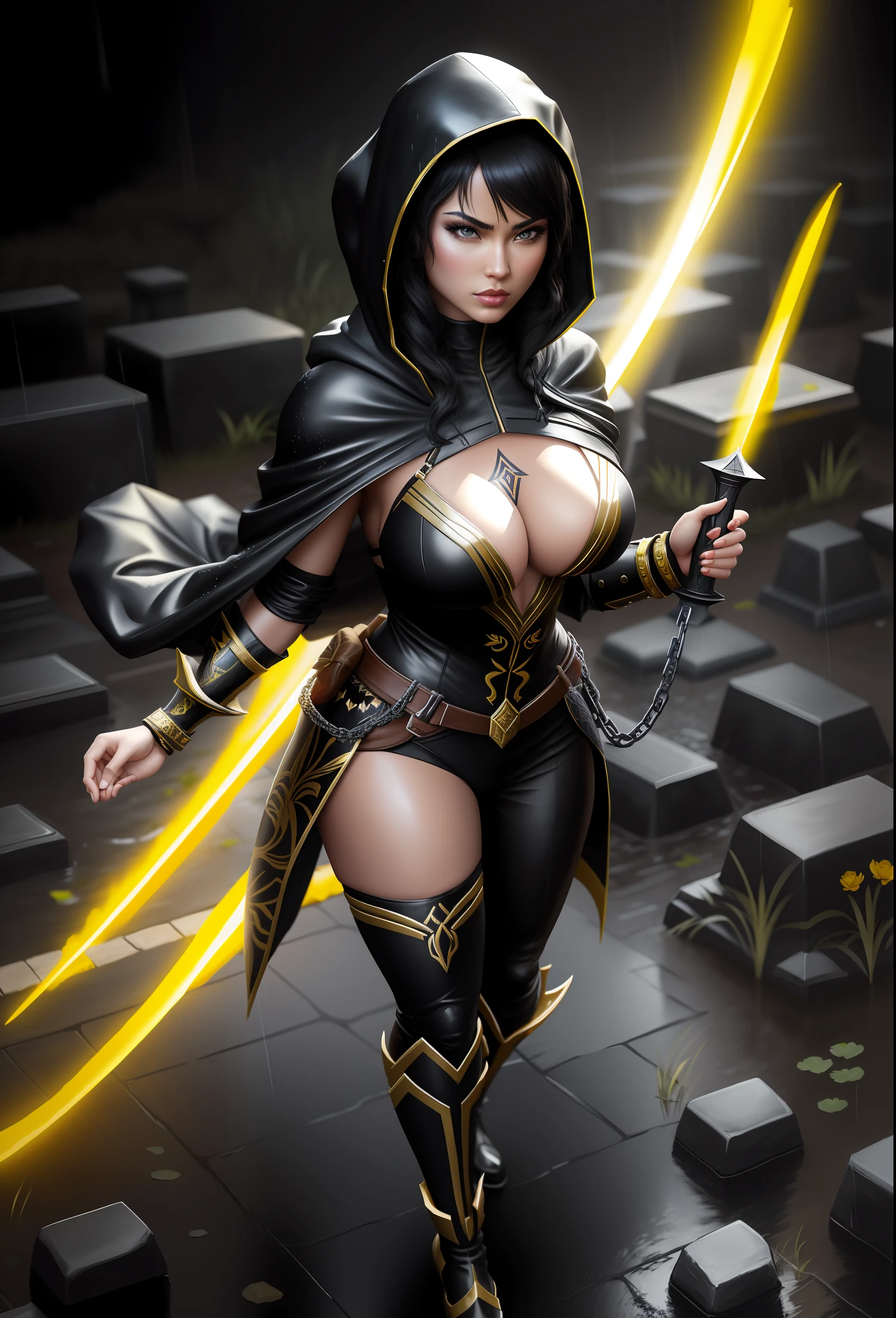 Mortal Kombat Scorpion, full body photo with her standing, black suit with design and accessories in golden yellow, ((Princess Zelda as Scorpion, keep Scorpion’s costume in its original characteristics and add a hood on the head in full body shot photo)), stylish shoes, immensely large breasts, ((she has black hair and blue eyes)), looking at the viewer with fury and anger, holding a Katana attached to a black chain, she is in a macabre cemetery raining, body and clothes all soaked with water. Realism, anime, Mortal Kombat, UHD, 16k, masterpiece, high detail, best quality, anatomically correct.