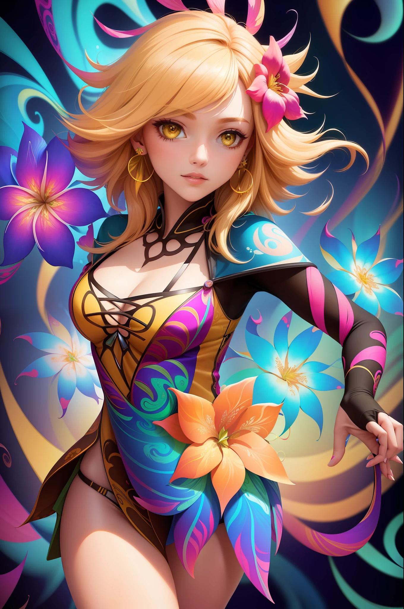 (best quality, masterpiece, official art, beautiful and aesthetic:1.2), 1girl, dynamic pose, particle, wind, flower, upper body, looking at viewer, blonde, lingerie, extremely detailed, (fractal art:1.2), colorful, (zentangle:1.2), (abstract background:1.5), (many colors:1.4), pixelated fragments, data corruption, colorful noise, visual chaos, (hair ornaments, earrings, flowers hair ornaments),