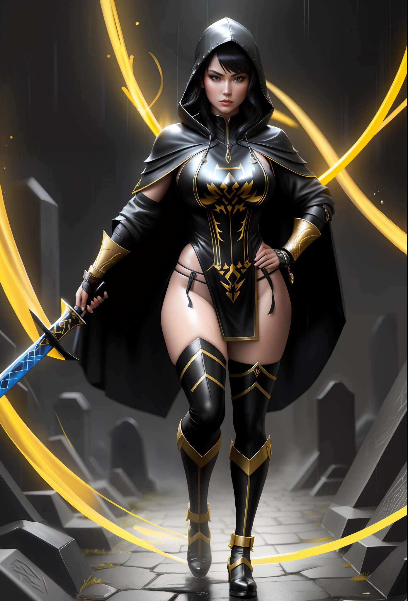 Mortal Kombat Scorpion, full body photo with her standing, black suit with design and accessories in golden yellow, ((Princess Zelda as Scorpion, keep Scorpion’s costume in its original characteristics and add a hood on the head in full body shot photo)), stylish shoes, immensely large breasts, ((she has black hair and blue eyes)), looking at the viewer with fury and anger, holding a Katana attached to a black chain, she is in a macabre cemetery raining, body and clothes all soaked with water. Realism, anime, Mortal Kombat, UHD, 16k, masterpiece, high detail, best quality, anatomically correct.