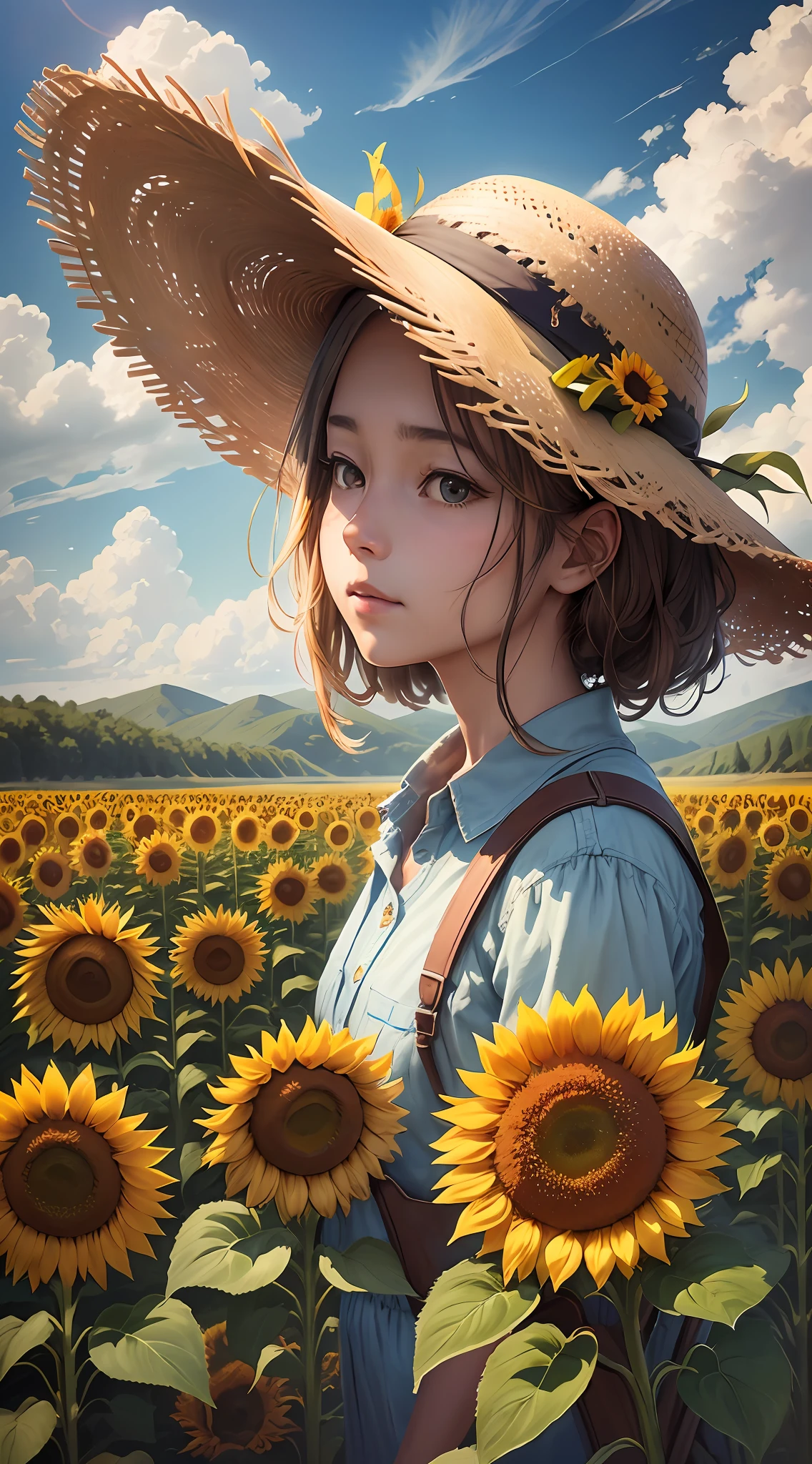 sunflowers field, a farmer uncle with a straw hat standing in a sunflowers field, big clouds, blue sky, sunflowers field, neat sunflowers seedlings in the field, forest, hillside, secluded, rural, HD detail, hyper-detail, cinematic, surrealism, soft light, deep field focus bokeh, ray tracing and surrealism. --v6