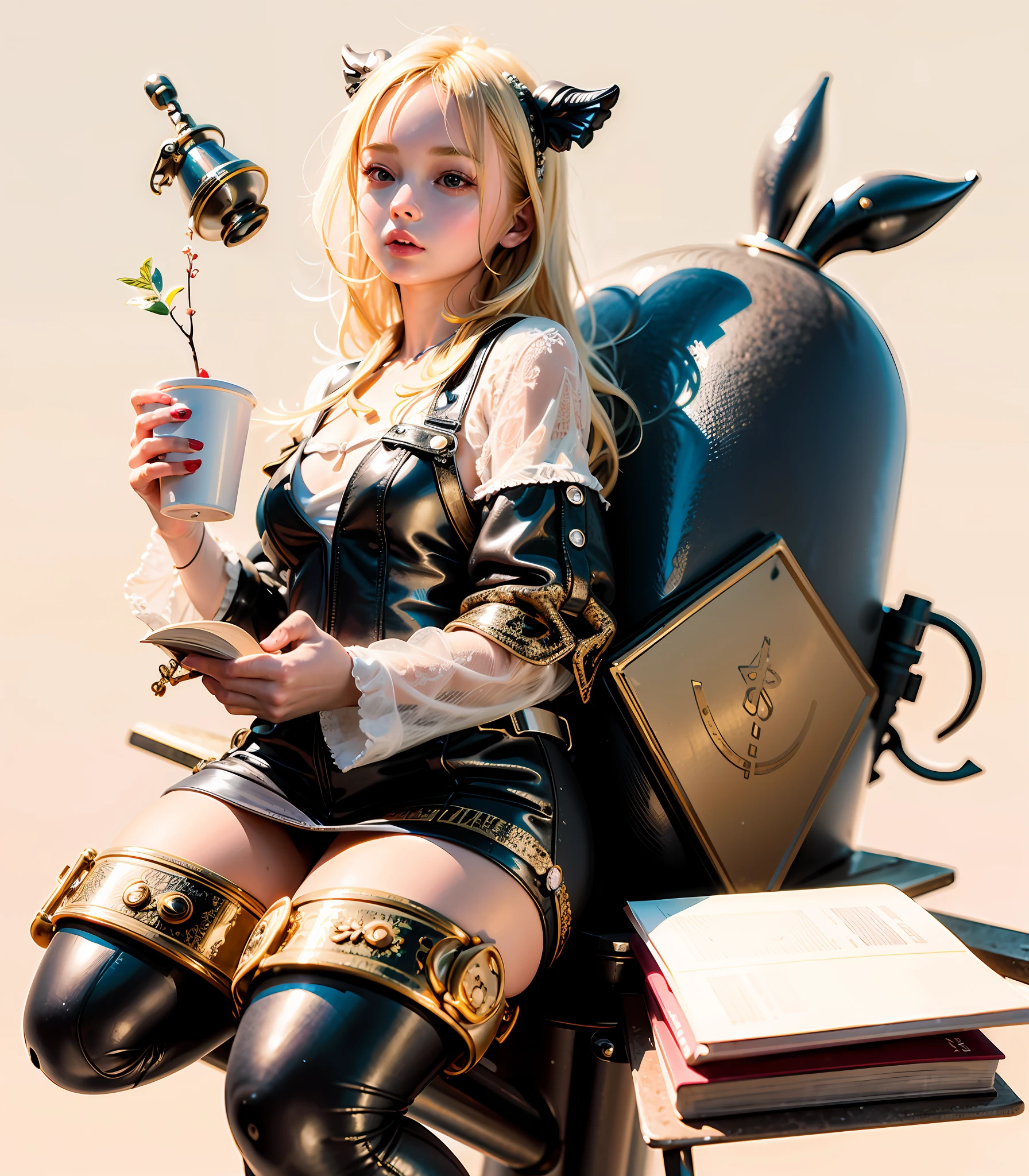 A girl reading a book while drinking coffee and milk, ultra-realistic, soft light, detailed background, extremely detailed background, clear details